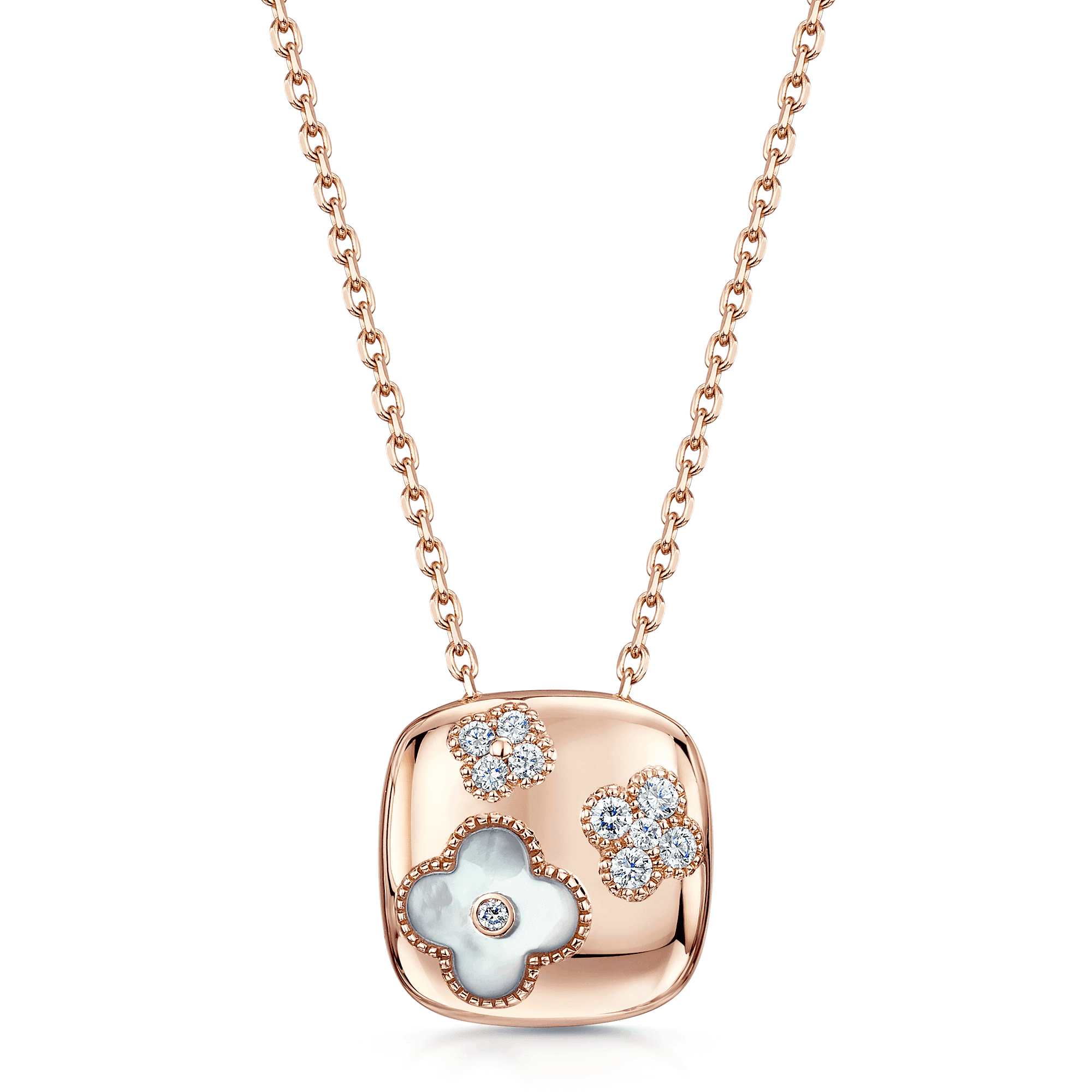 18ct Rose Gold Square Flower Pendant With Diamonds and Mother Of Pearl Flower
