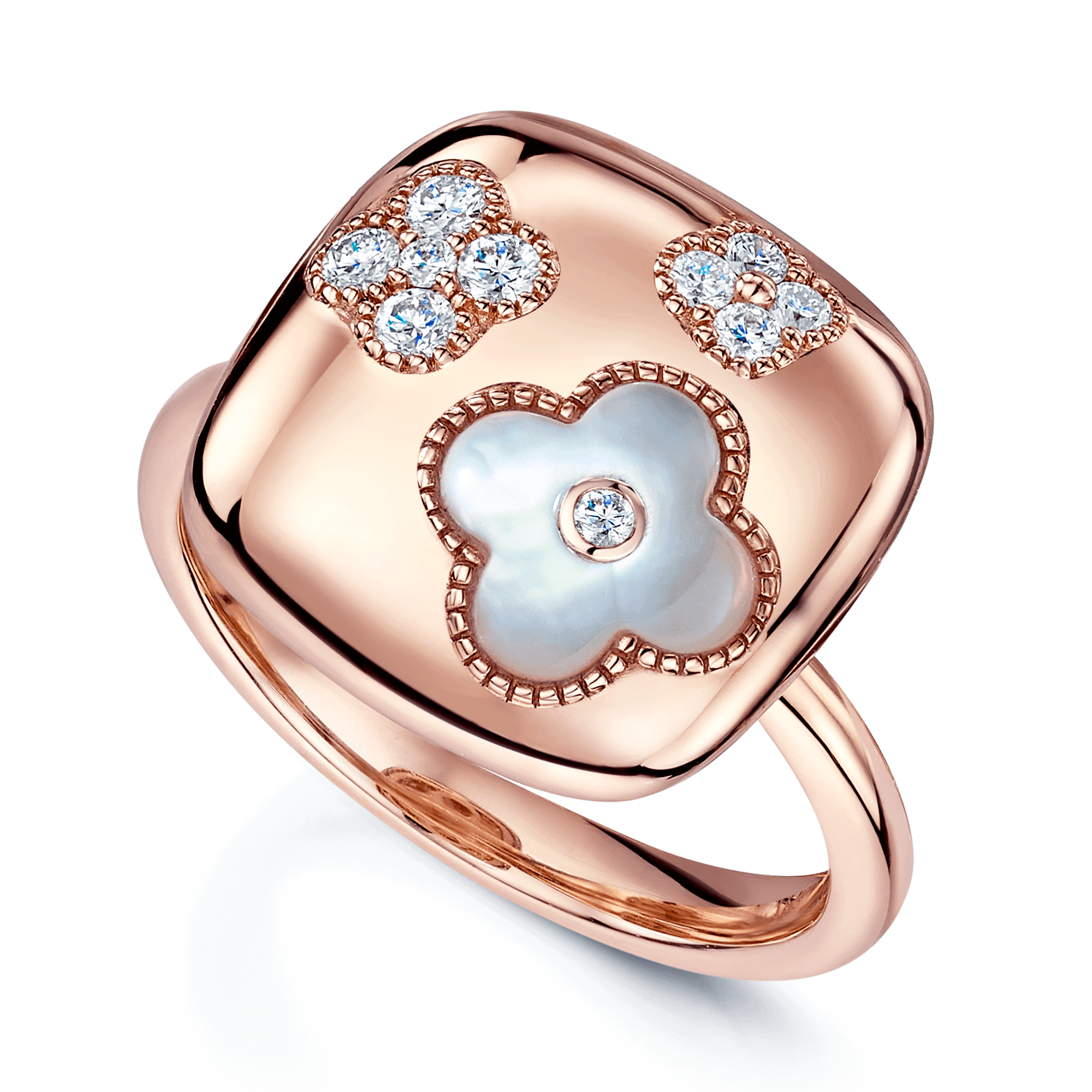 18ct Rose Gold Square Flower Ring With Diamonds and Mother Of Pearl Flower