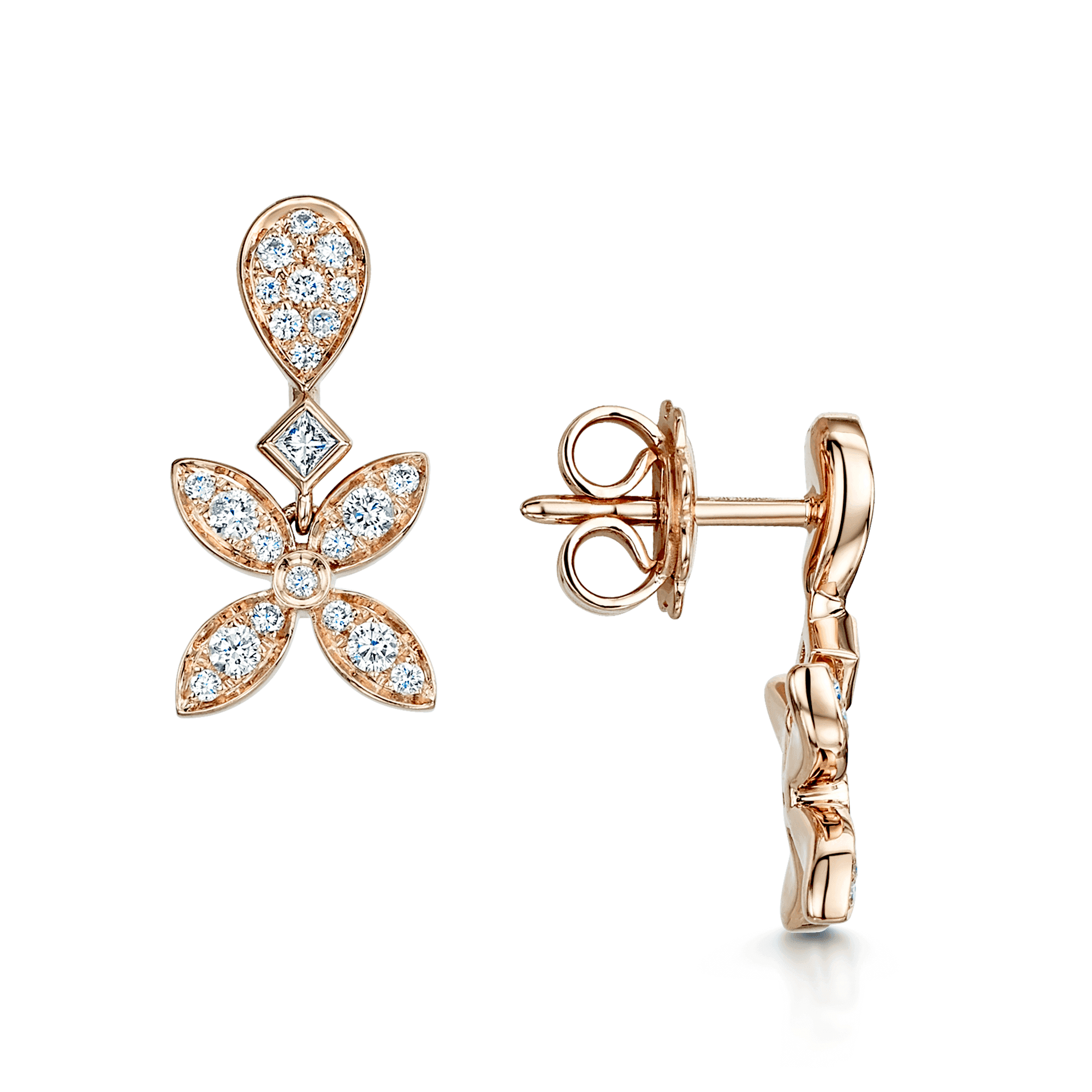 18ct Rose Gold Flower Drop And A Hoop Earring With Diamond Pave set Petals