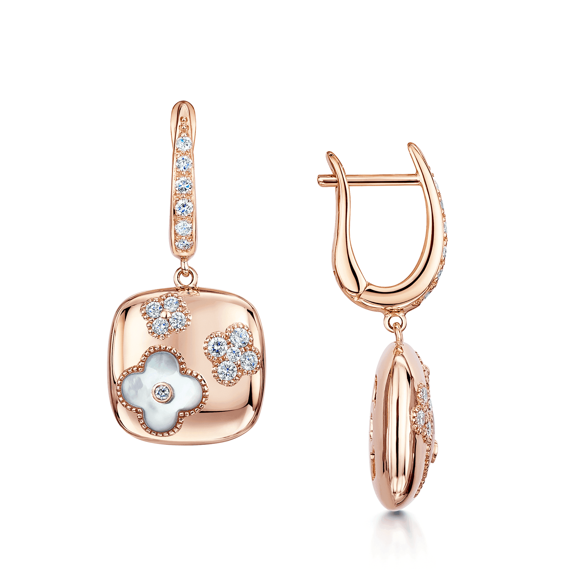 18ct Rose Gold Square Flower Diamond And Mother Of Pearl Drop Earrings With A Diamond Hoop