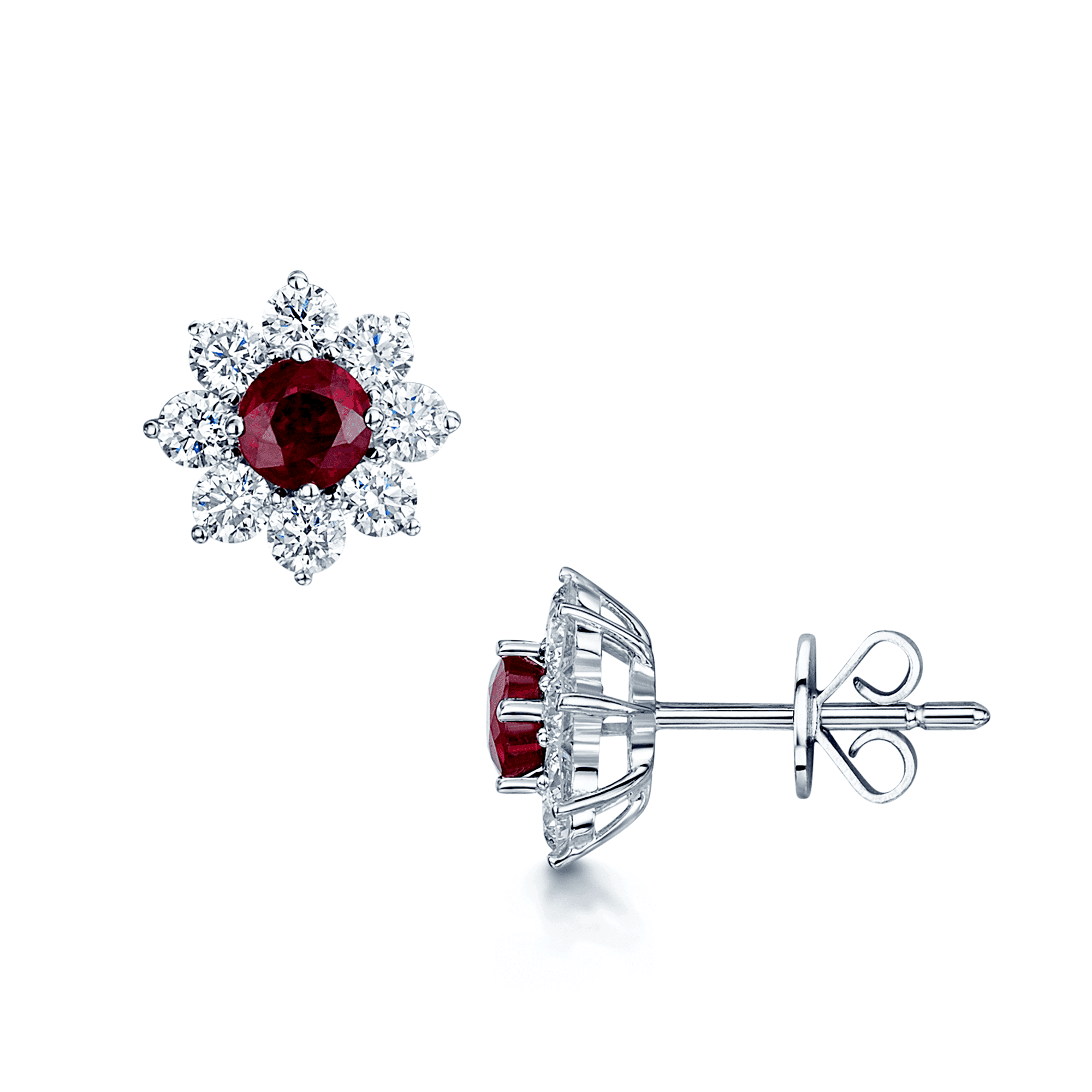 18ct White Gold Ruby And Diamond Flower Cluster Stud Earrings