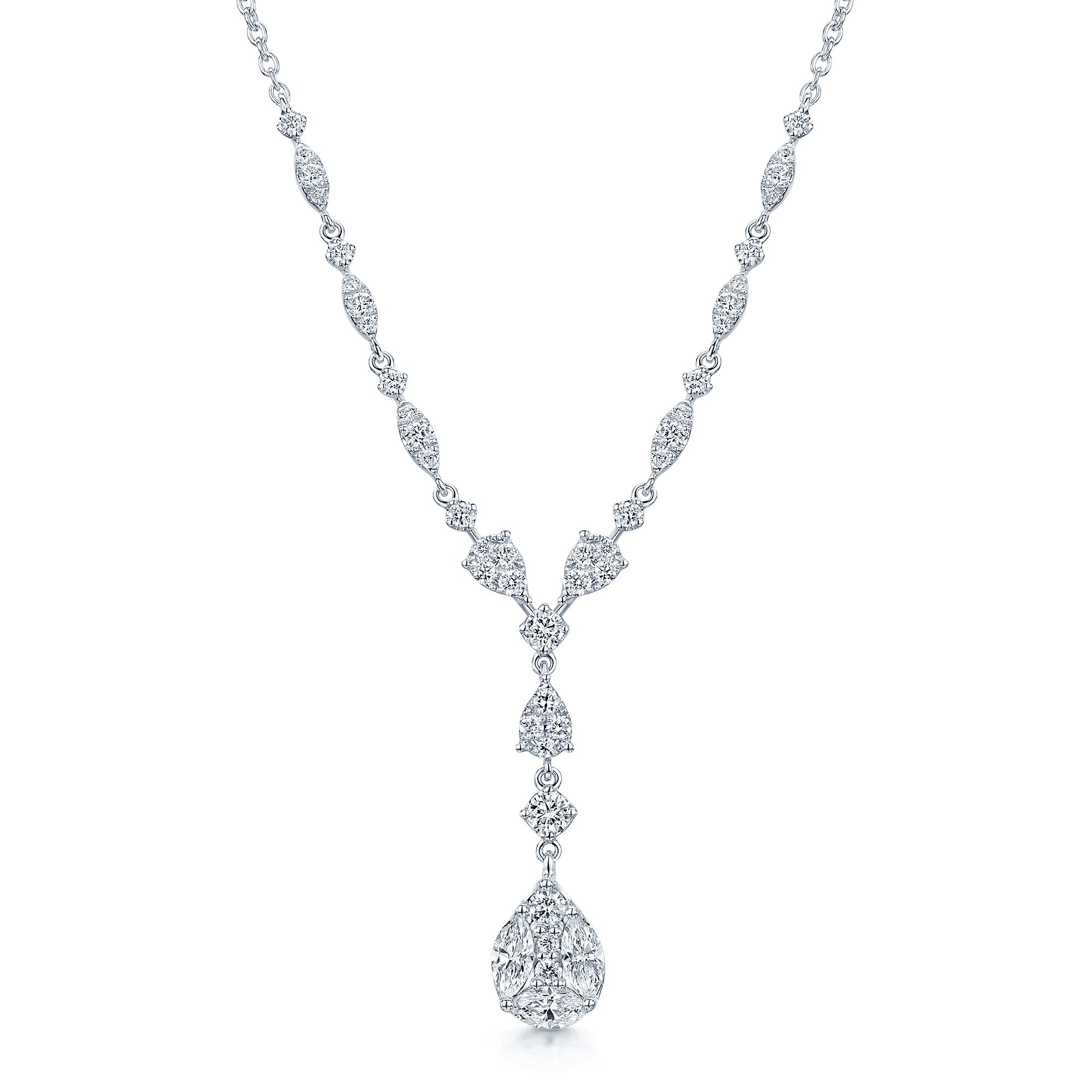 18ct White Gold Mixed Cut Diamond Necklace With Diamond Detail On The Chain