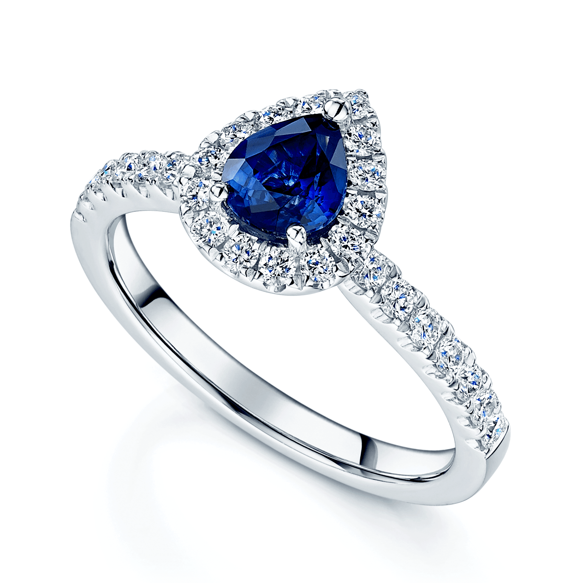 Platinum Pear Sapphire Ring With Diamond Halo Surround And Shoulders