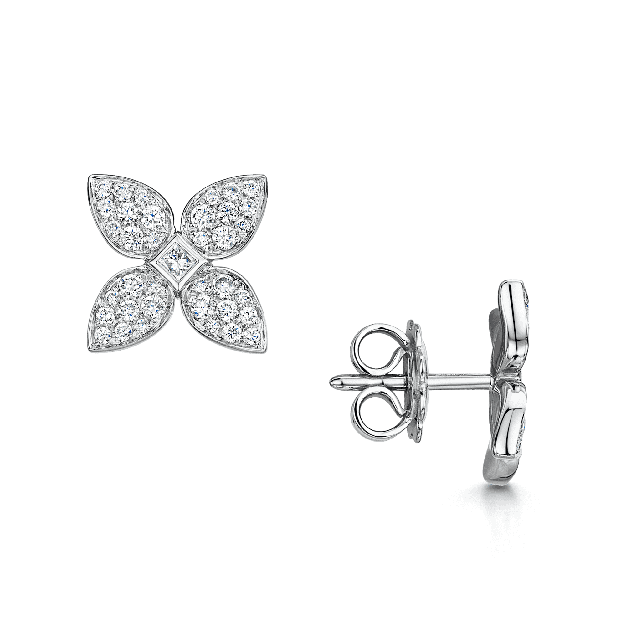 18ct White Gold Flower Stud Earrings With Diamond Pave Set Petals