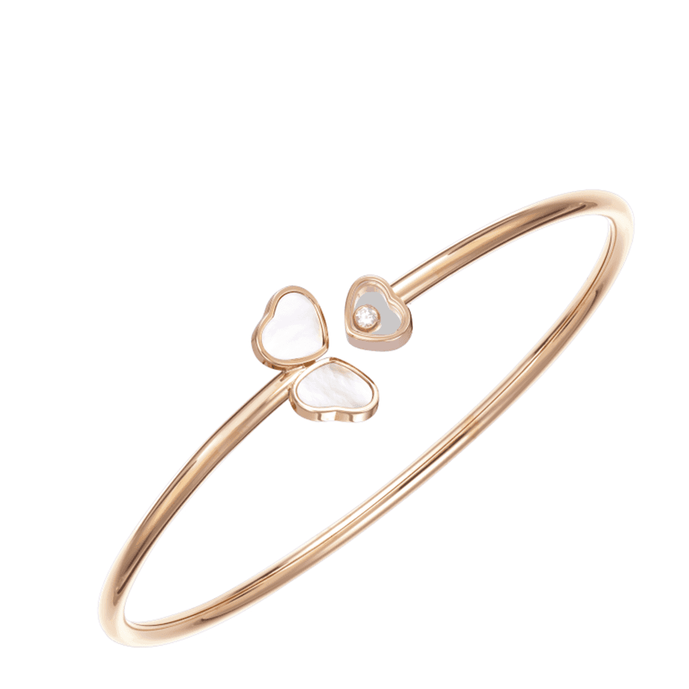 18ct Rose Gold Happy Hearts Wings Three Heart Bangle With Mother Of Pearl & One Single Floating Diamond