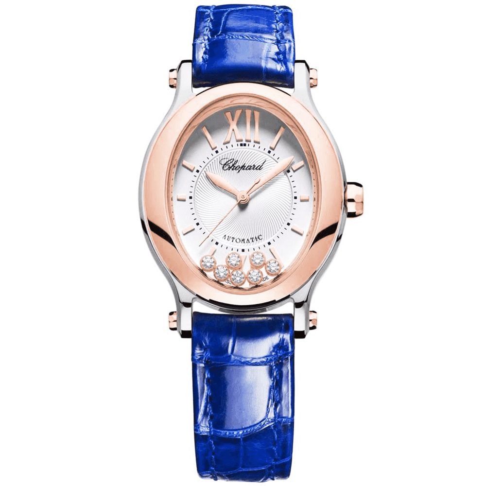 Happy Sport Oval Small Steel & 18ct Rose Gold Blue Leather Strap Watch