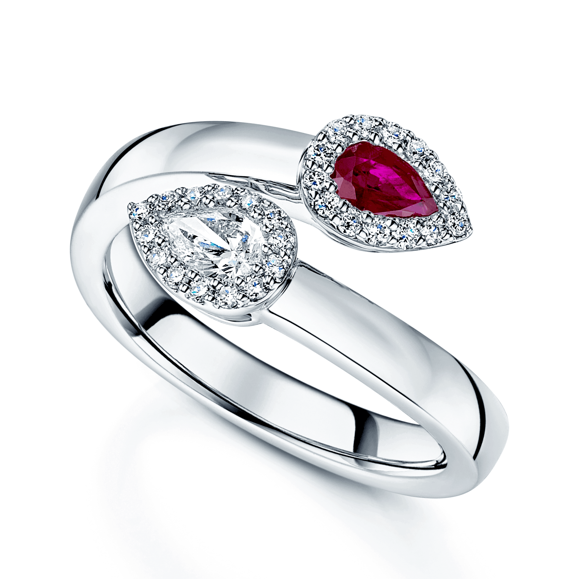 Platinum Pear Shape Diamond And Ruby Cross Over Fancy Ring