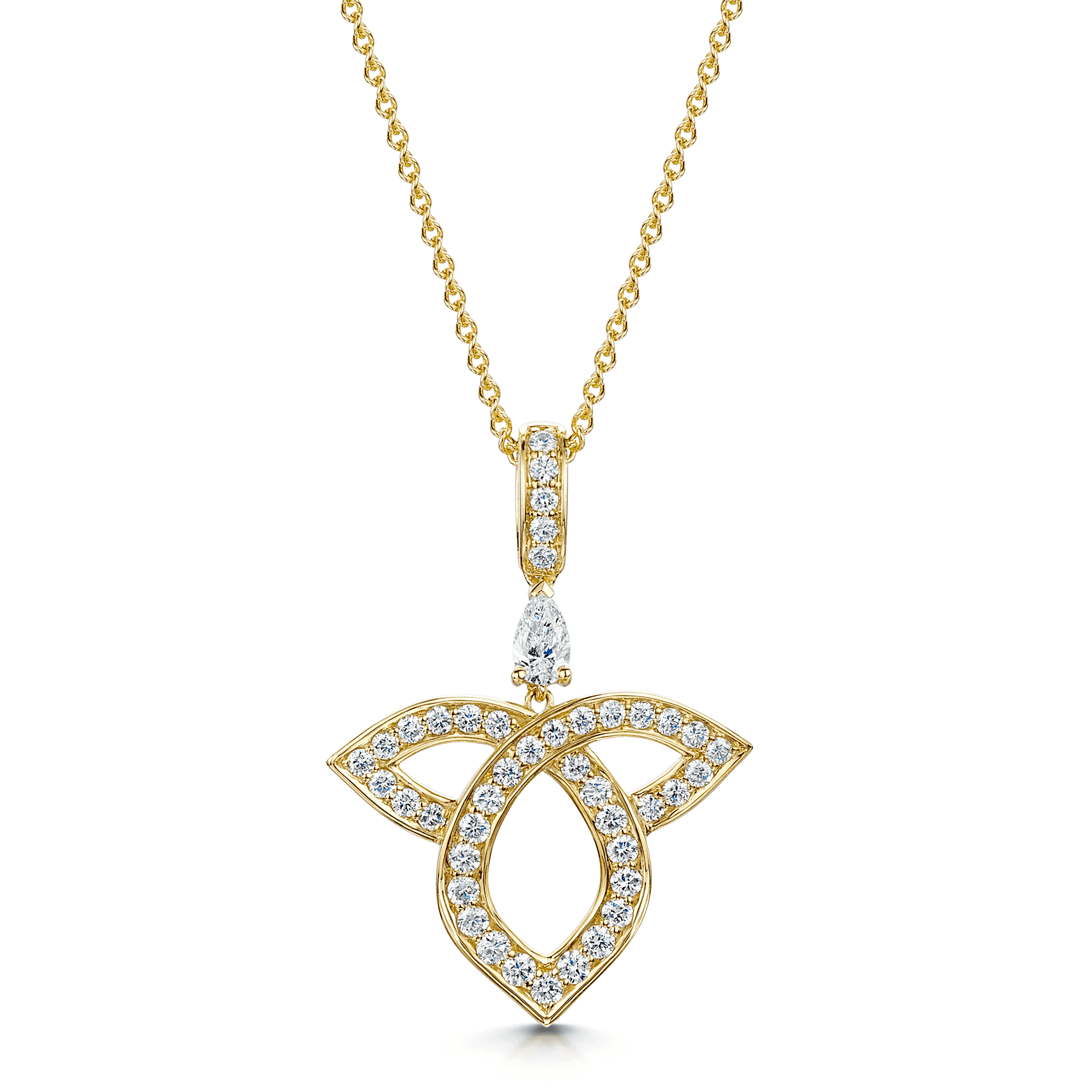 18ct Yellow Gold Pear And Round Brilliant Cut Diamond Open Lotus Pendant