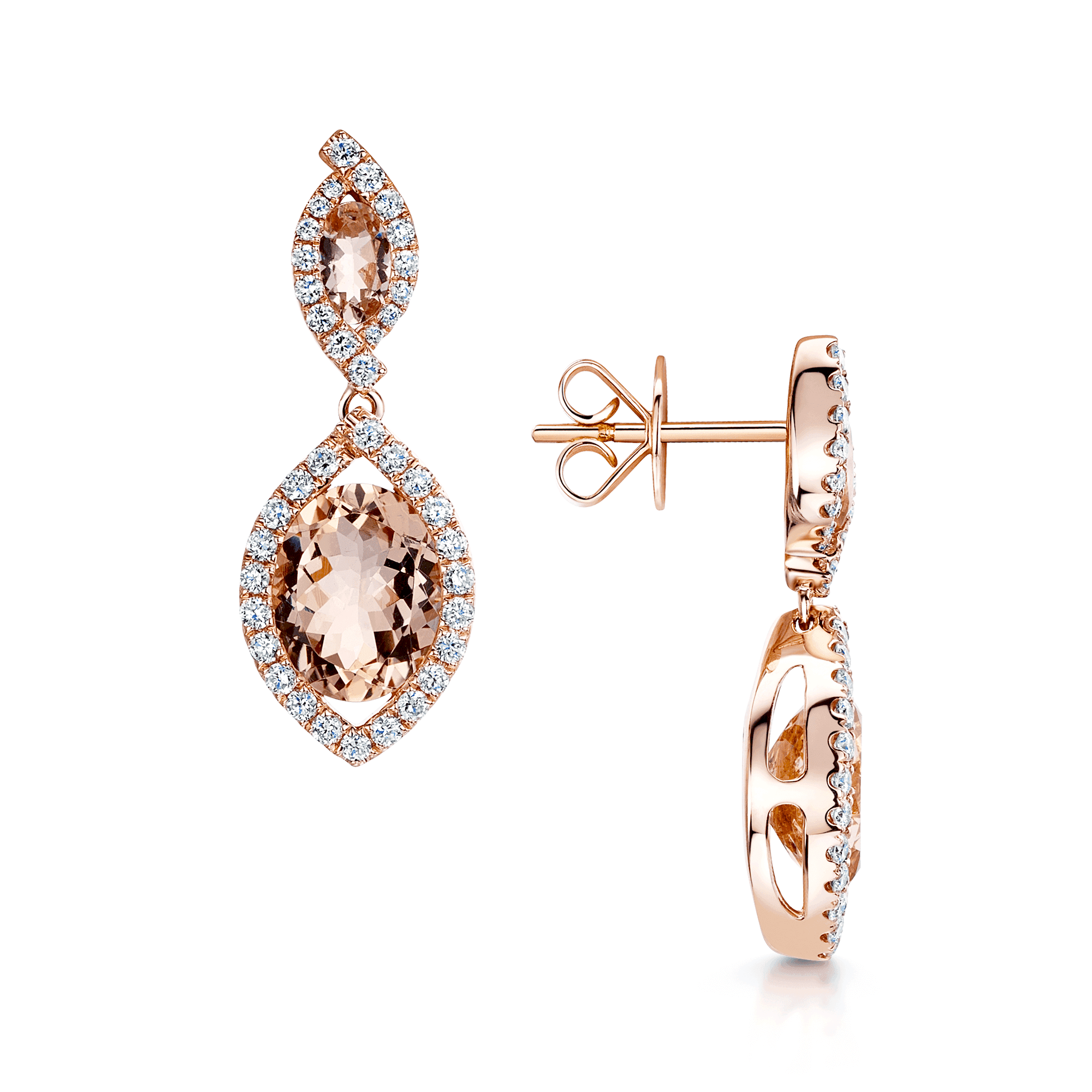 18ct Rose Gold Morganite And Diamond Halo Set Fancy Drop Earrings