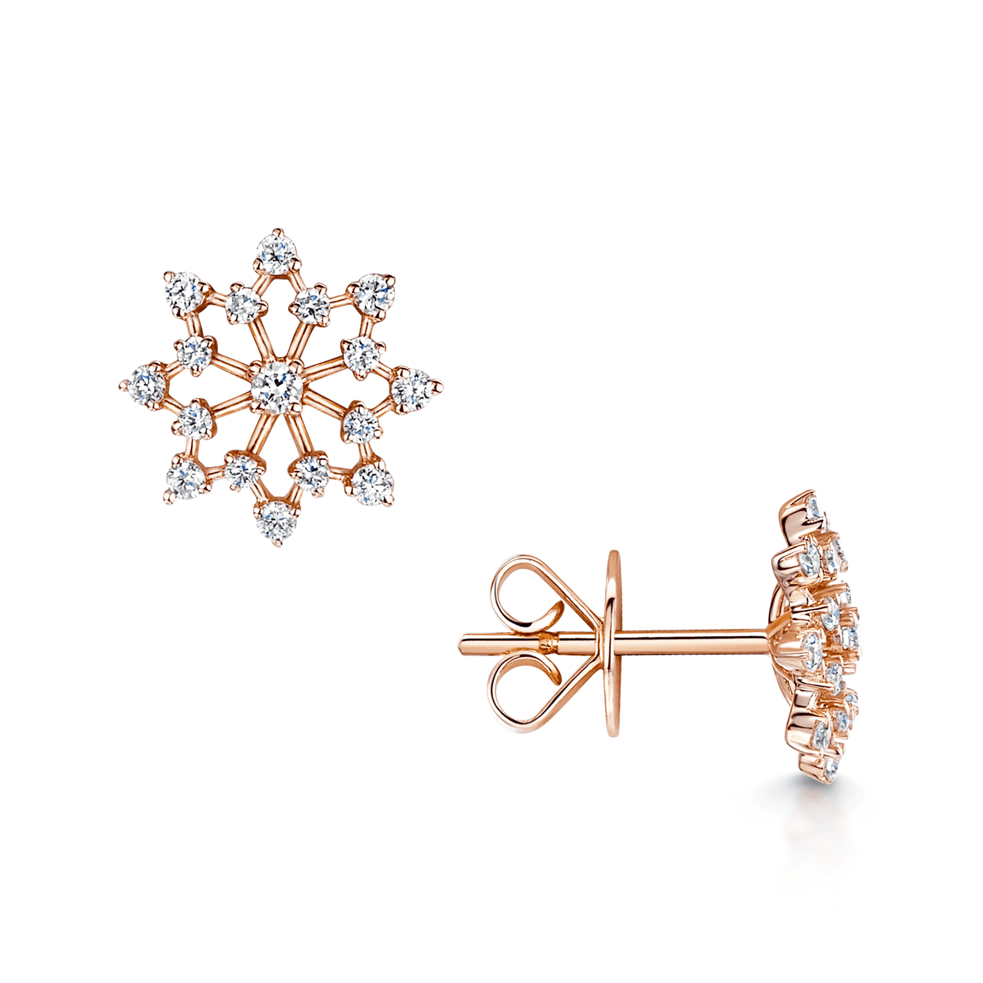18ct Rose Gold Open Diamond Snowflake Stud Earrings