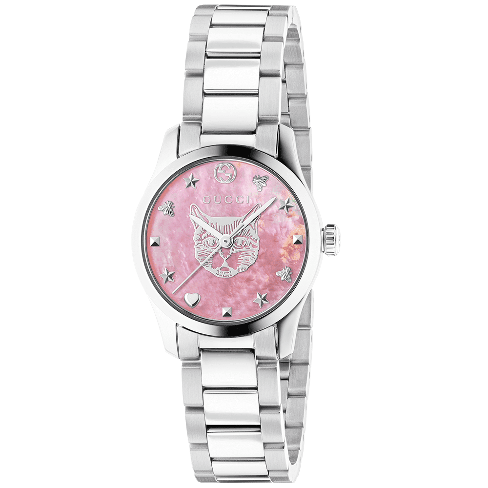 G-Timeless 27mm Pink Mother of Pearl Feline Dial Ladies Bracelet Watch