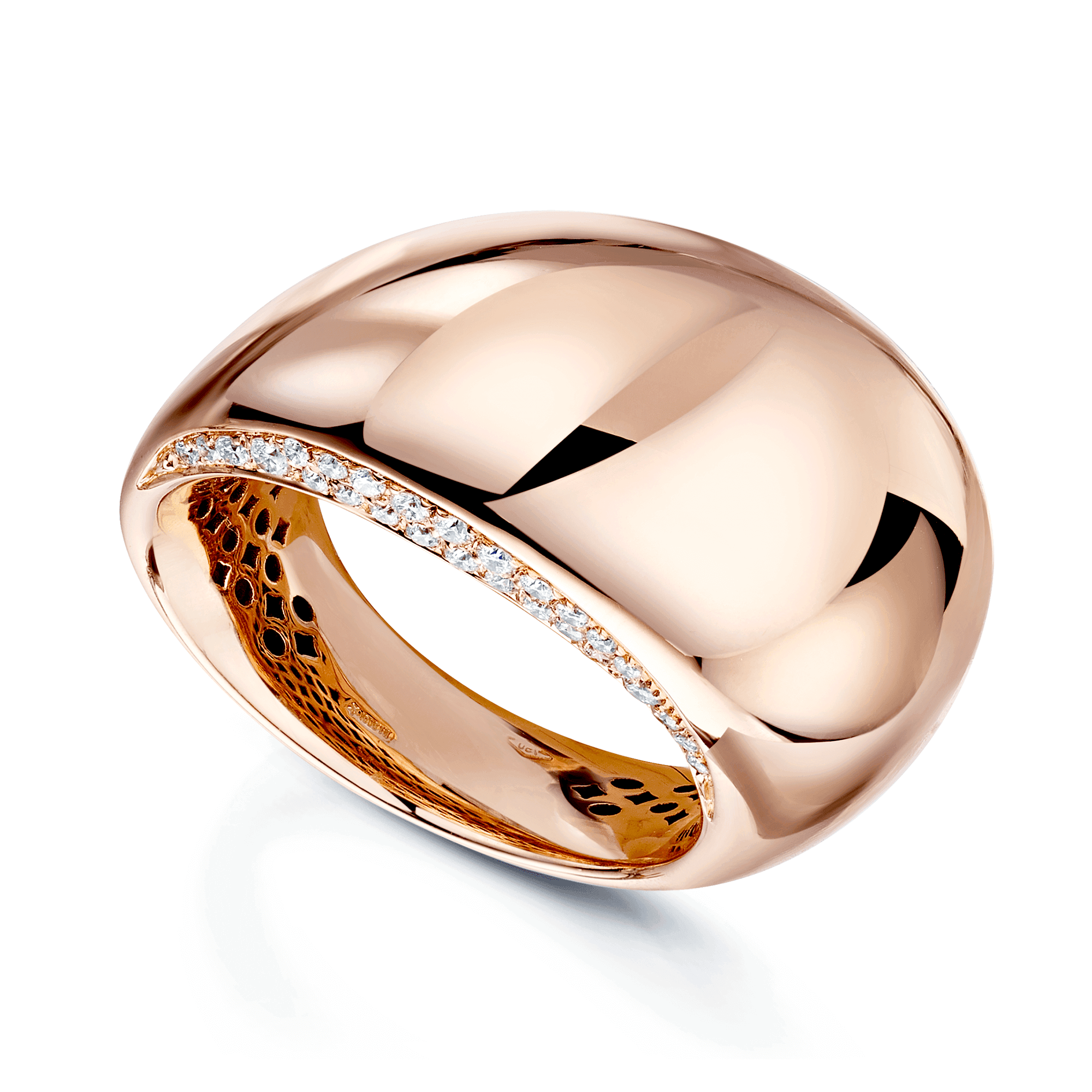 18ct Rose Gold Irregular Polished Domed Ring With Pave Diamond Edges
