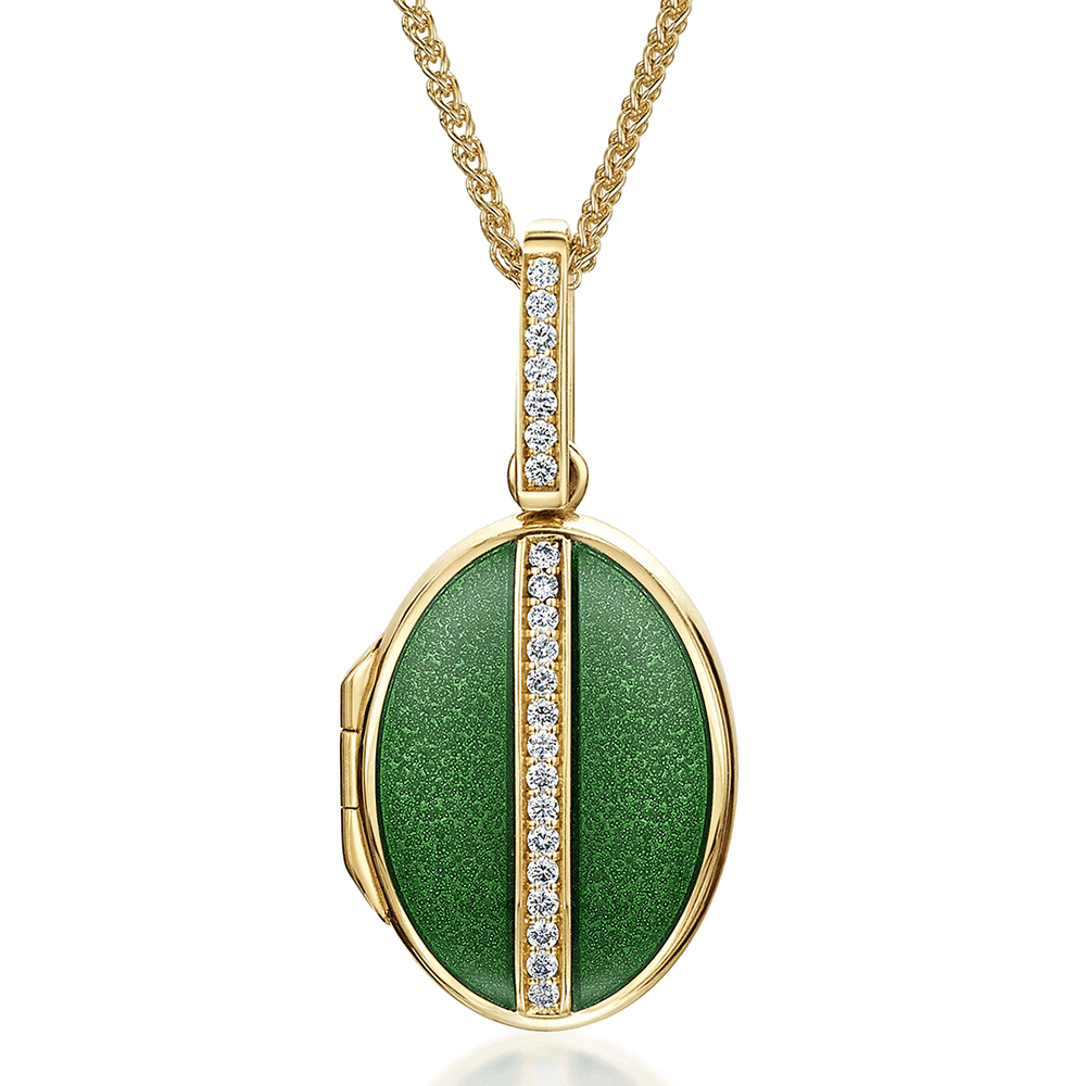 18ct Yellow Gold LUX Oval Green Enamel and Diamond Set Locket and Chain