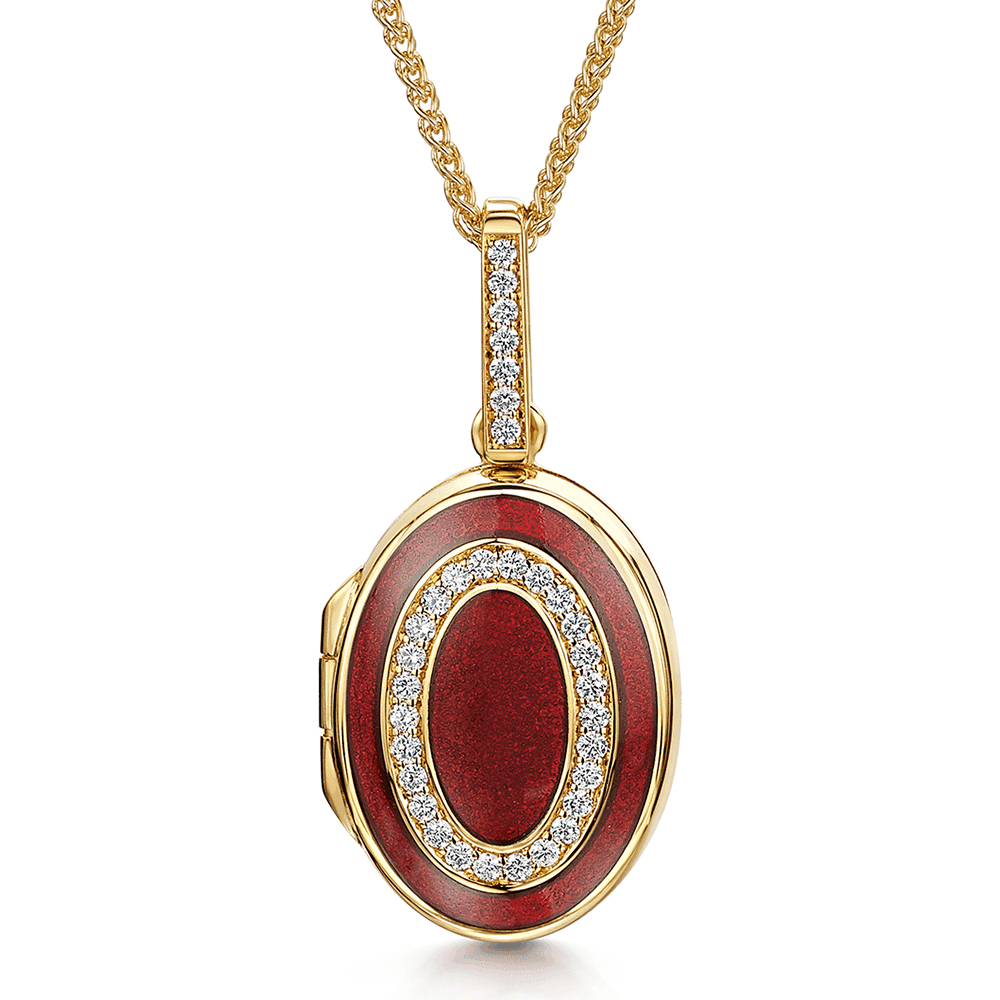 18ct Yellow Gold Lux Oval Red Enamel & Diamond Set Locket and Chain