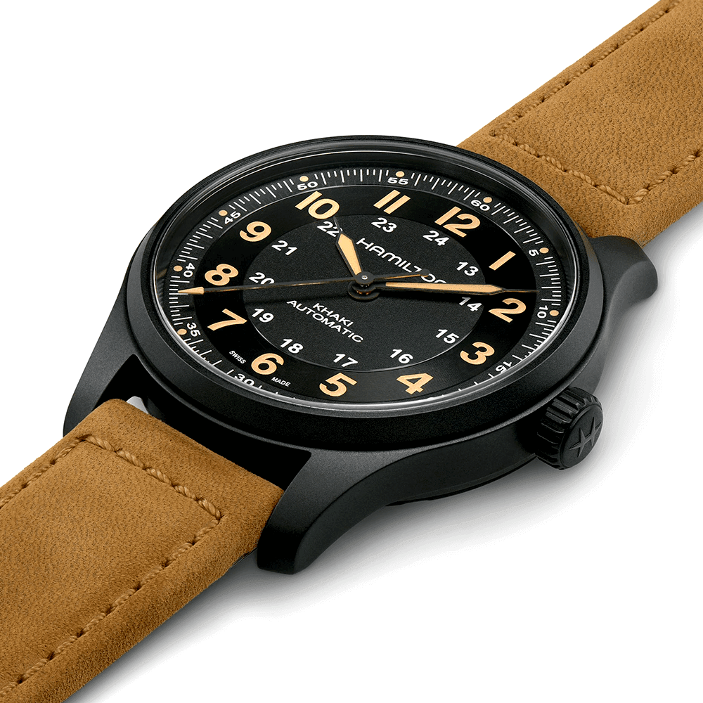 Khaki Field Black Titanium 42mm Men's Leather Strap Automatic Watch