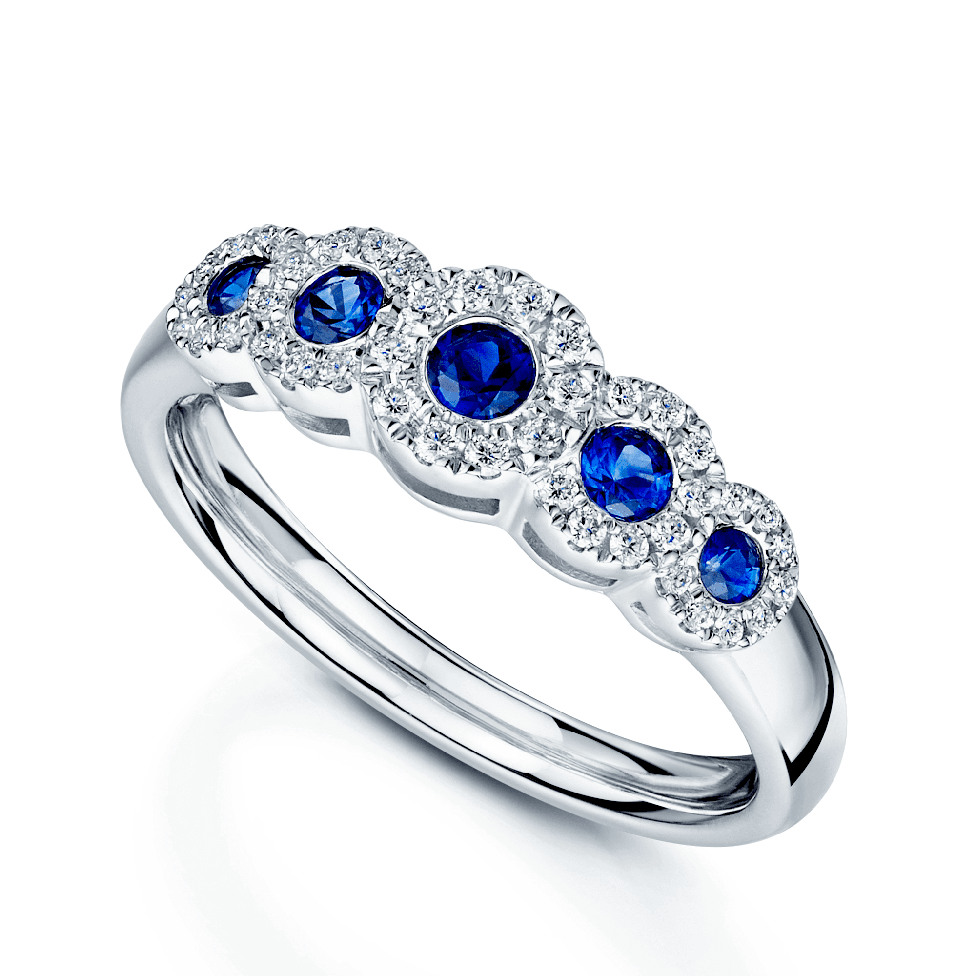 Platinum Sapphire And Diamond Round Brilliant Halo Set Five Stone Dress Ring