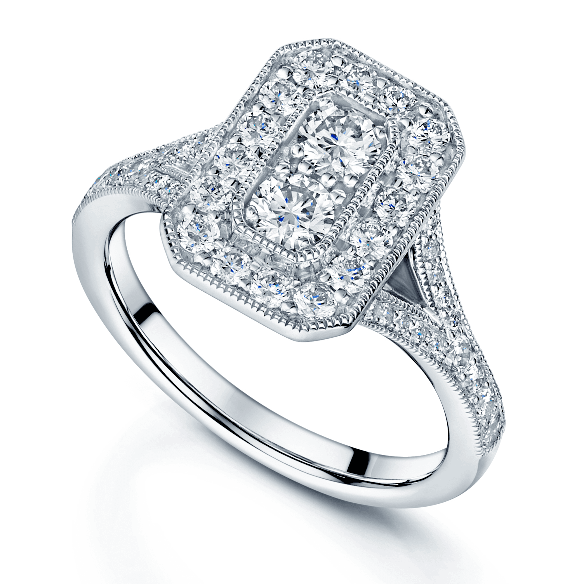 Platinum Round Brilliant Diamond Vintage Rectangular Dress Ring With Milgrain Edging and Split Diamond Shoulders