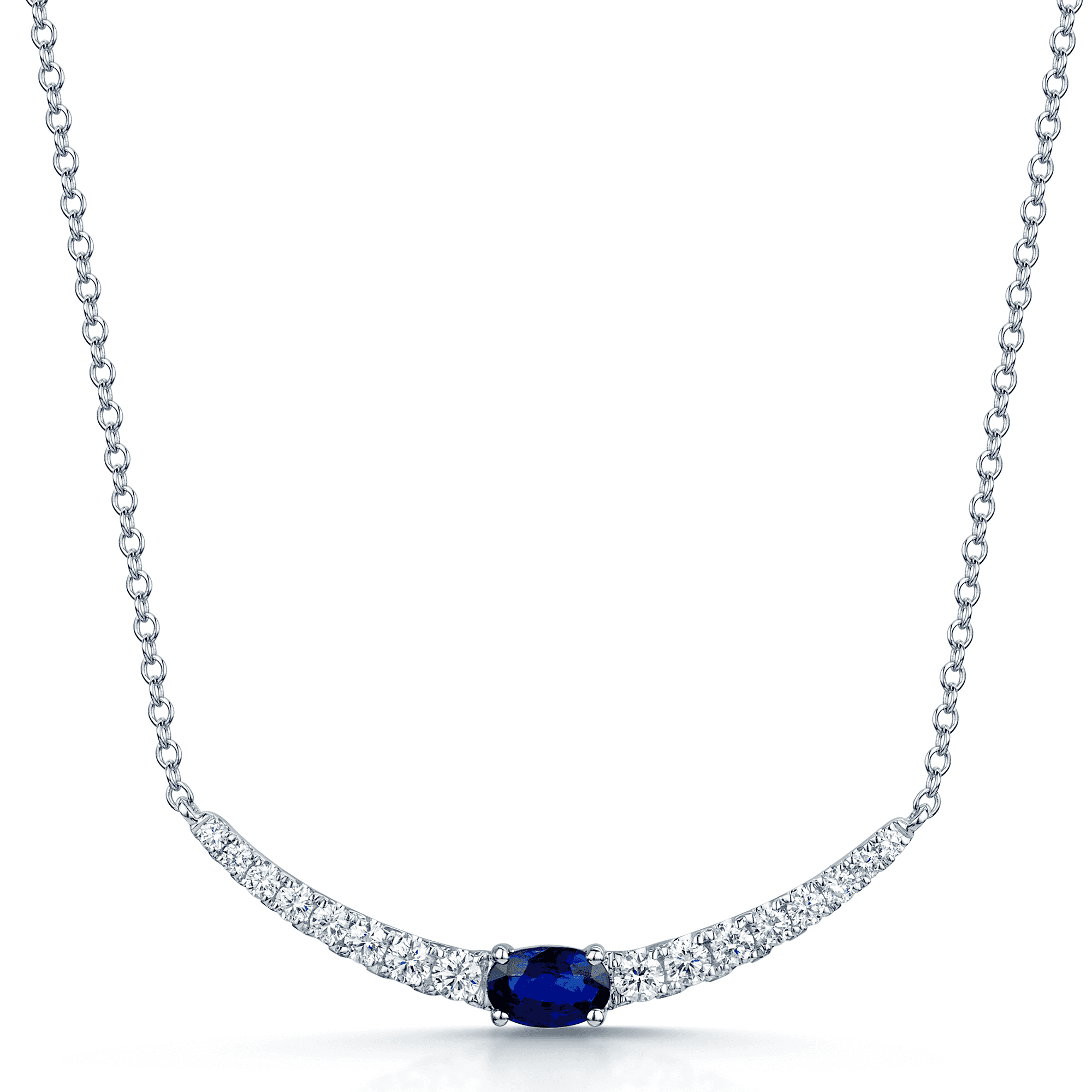18ct White Gold Oval Sapphire And Round Brilliant Diamond Curve Necklace