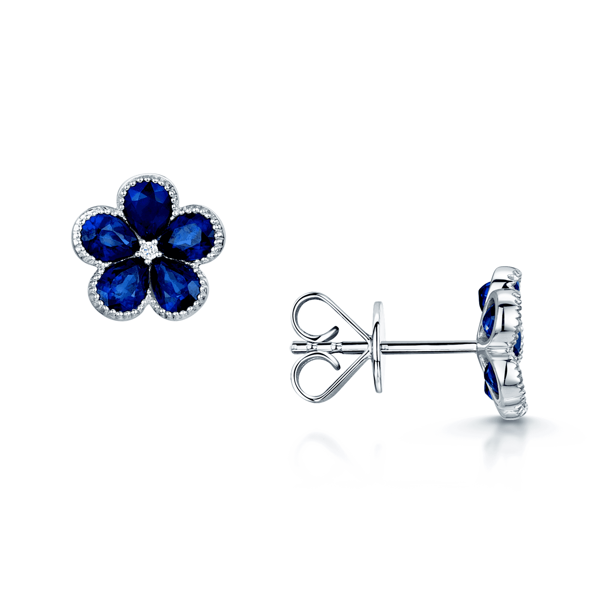 18ct White Gold Pear Cut Sapphire And Diamond Flower Stud Earrings