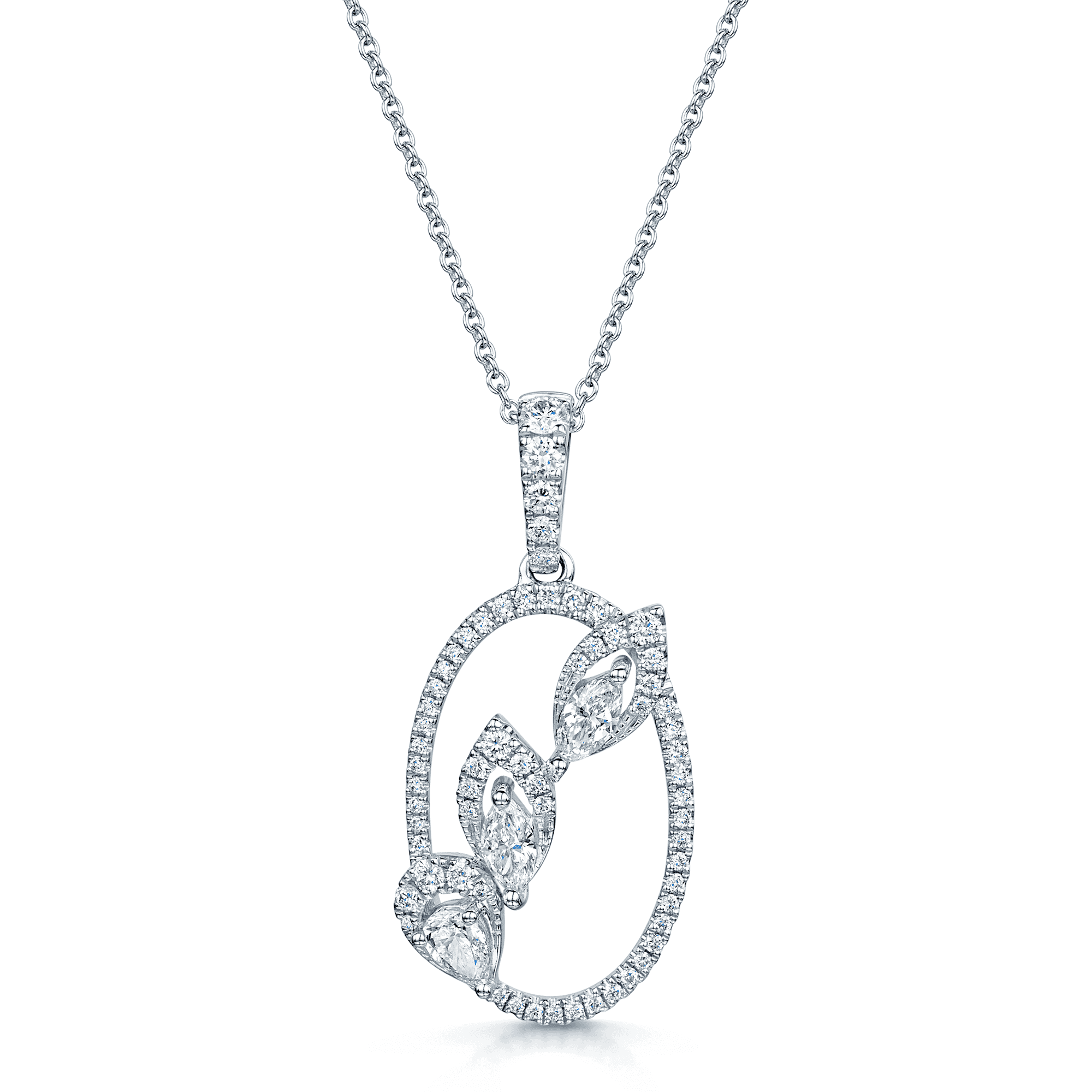 18ct White Gold Pear, Marquise And Round Brilliant Cut Oval Petal Pendant
