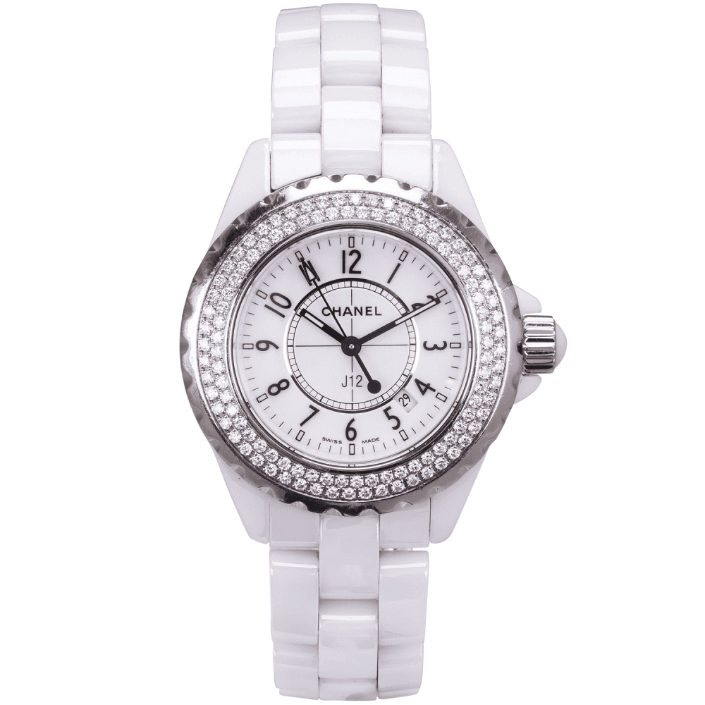 CHANEL J12 33mm White Ceramic & Diamond Set Bezel Watch (2010)