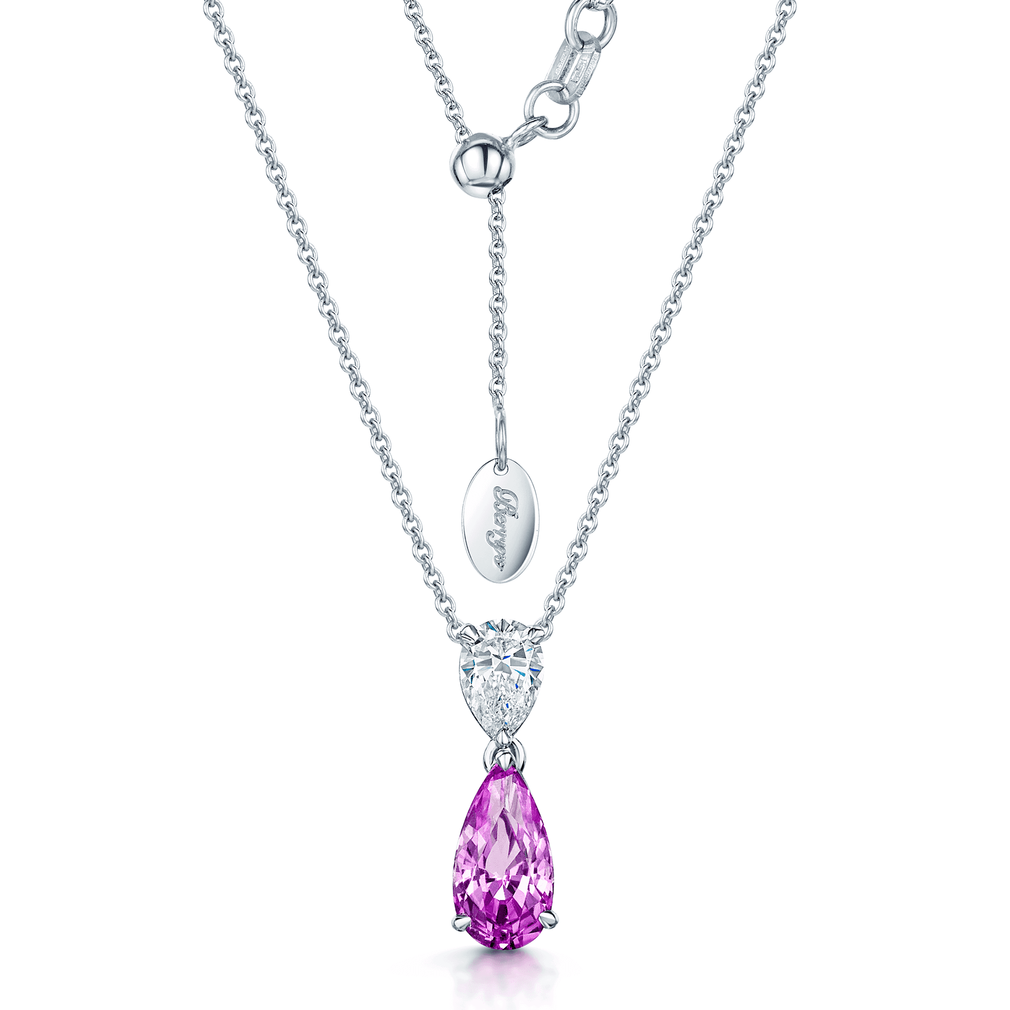 18ct White Gold Pear Pink Sapphire And Pear Diamond Pendant