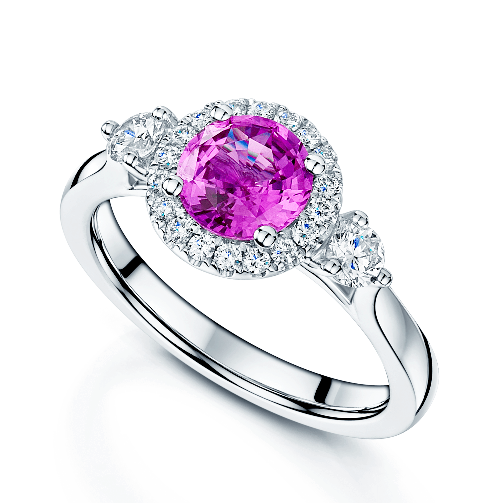 Platinum Oval Pink Sapphire And Diamond Cluster Ring With A Diamond On Each Shoulder