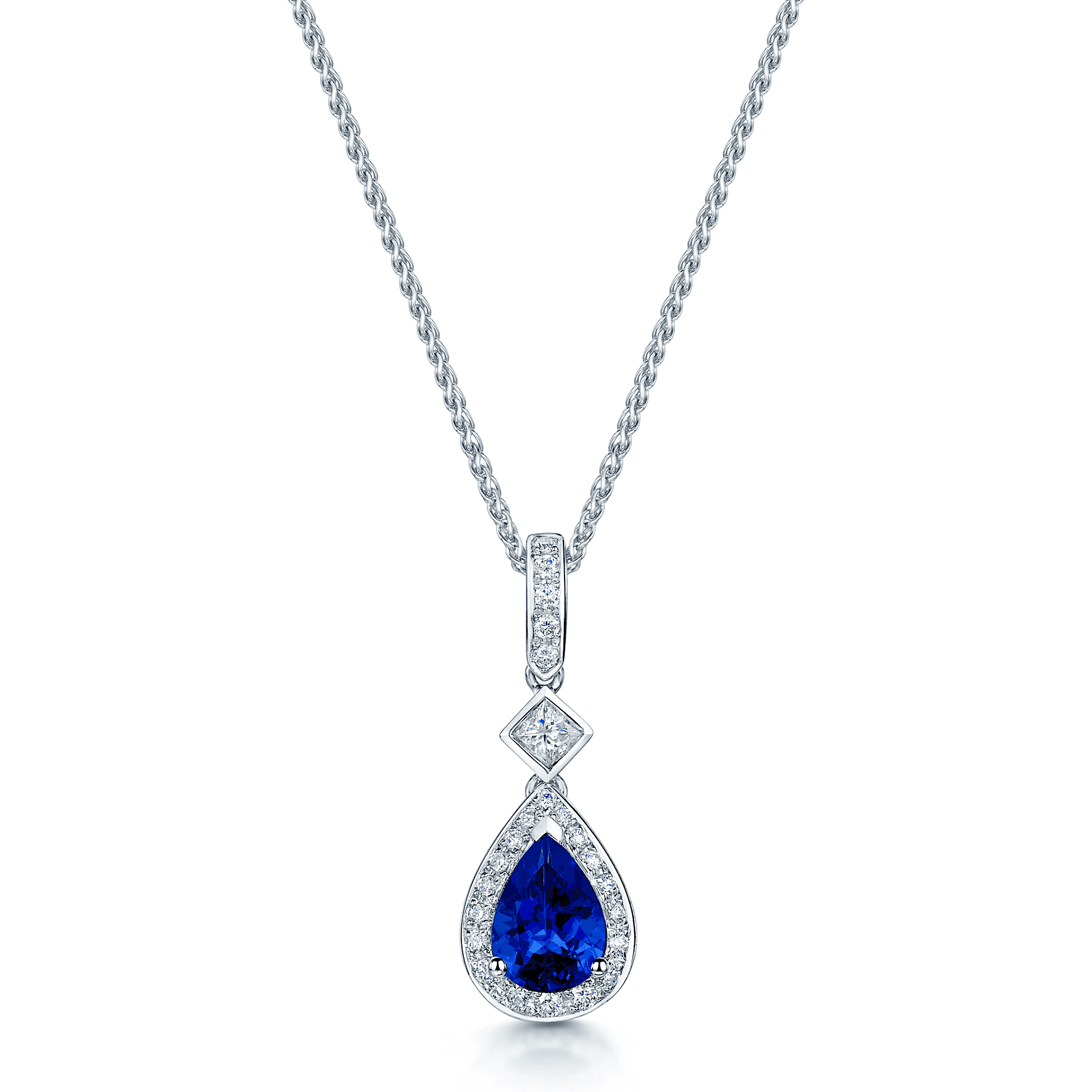 18ct White Gold Pear Sapphire And Mixed Cut Diamond Halo Fancy Cluster Pendant
