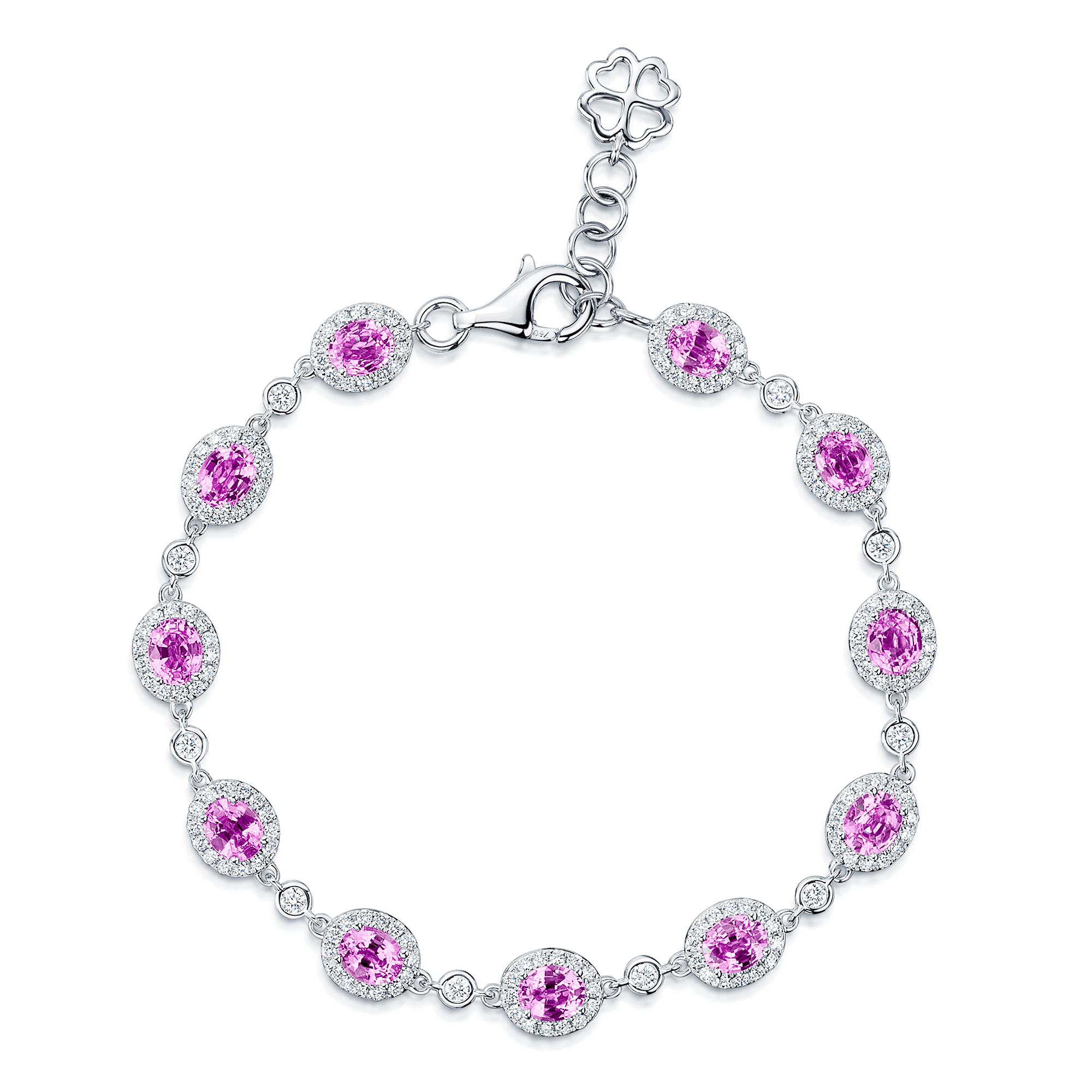 18ct White Gold Oval Pink Sapphire And Diamond Cluster Bracelet