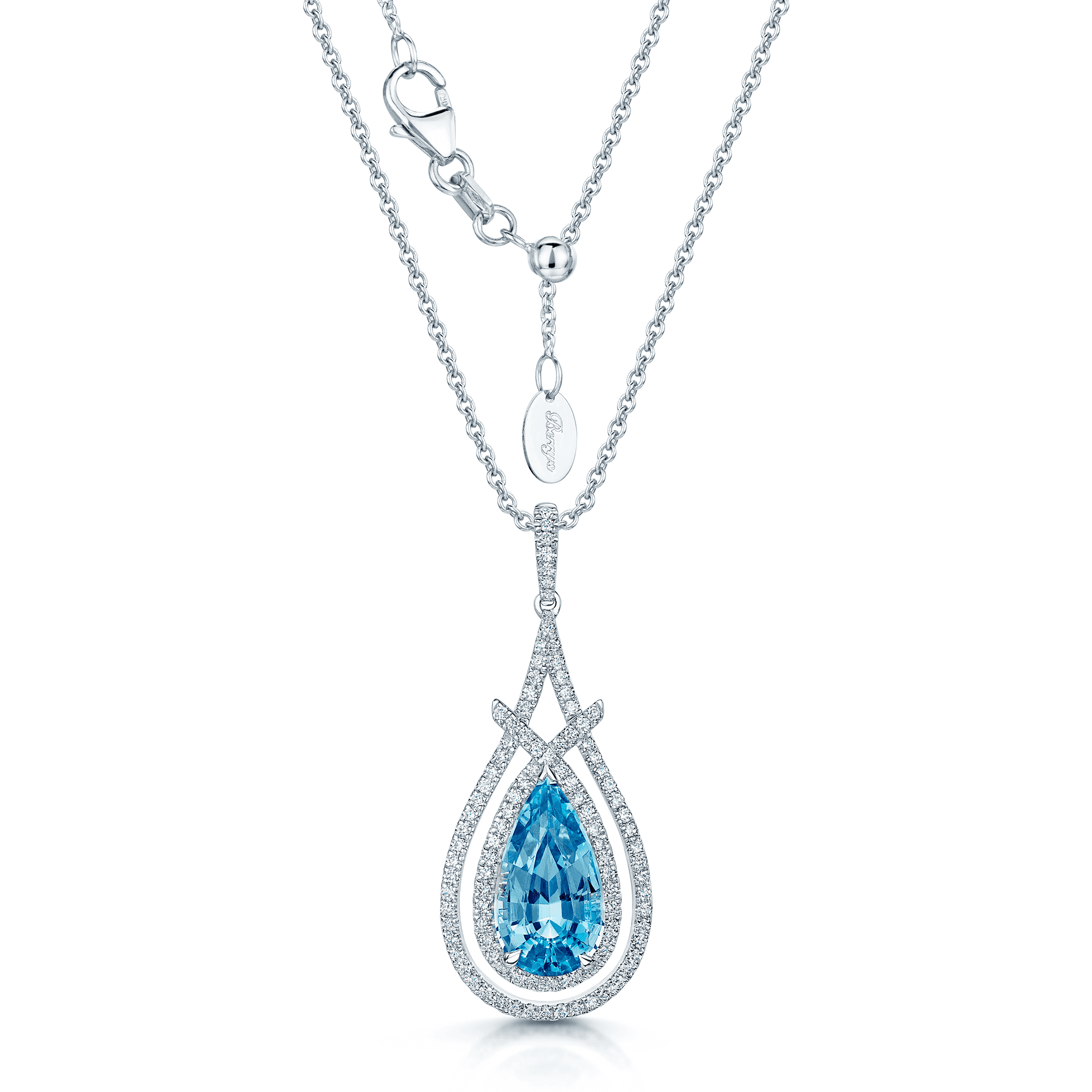 18ct White Gold Pear Aquamarine And Diamond Double Framed Pendant With A Diamond Bale