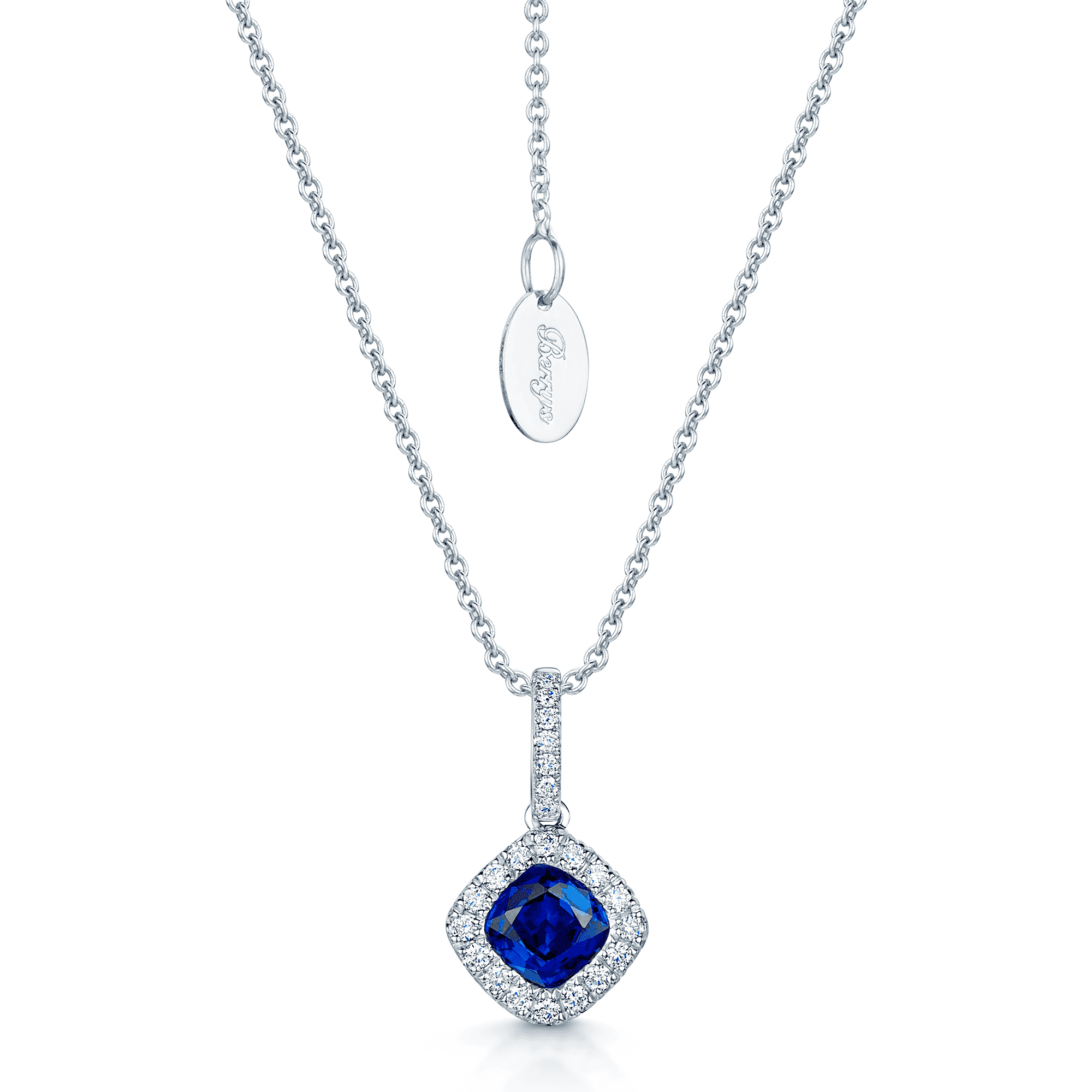 18ct White Gold Square Sapphire And Diamond Offset Cluster Pendant With A Diamond Bale