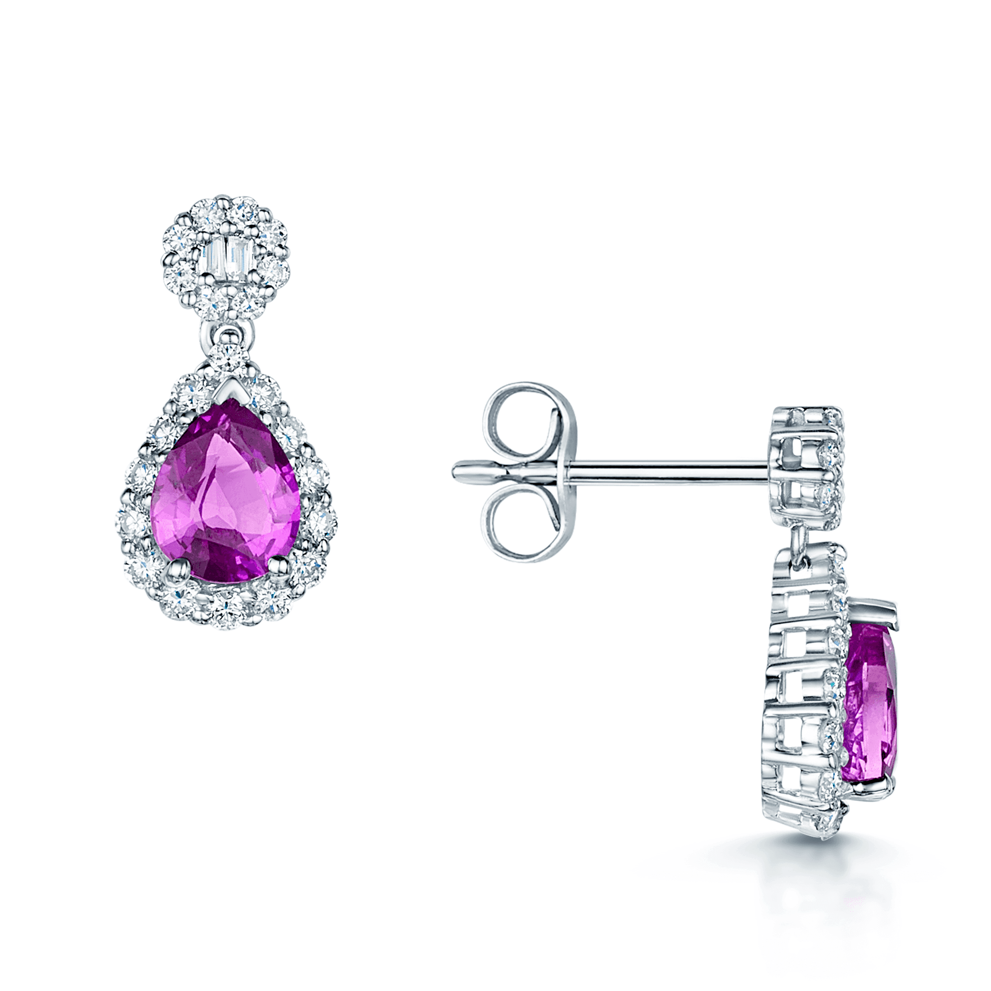 18ct White Gold Pear Certificated Purple Sapphire And Diamond Halo Cluster Drop Earrings