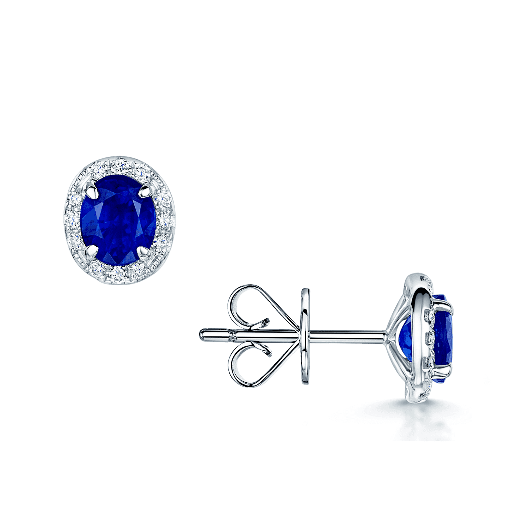18ct White Gold Oval Sapphire And Diamond Halo Stud Earrings