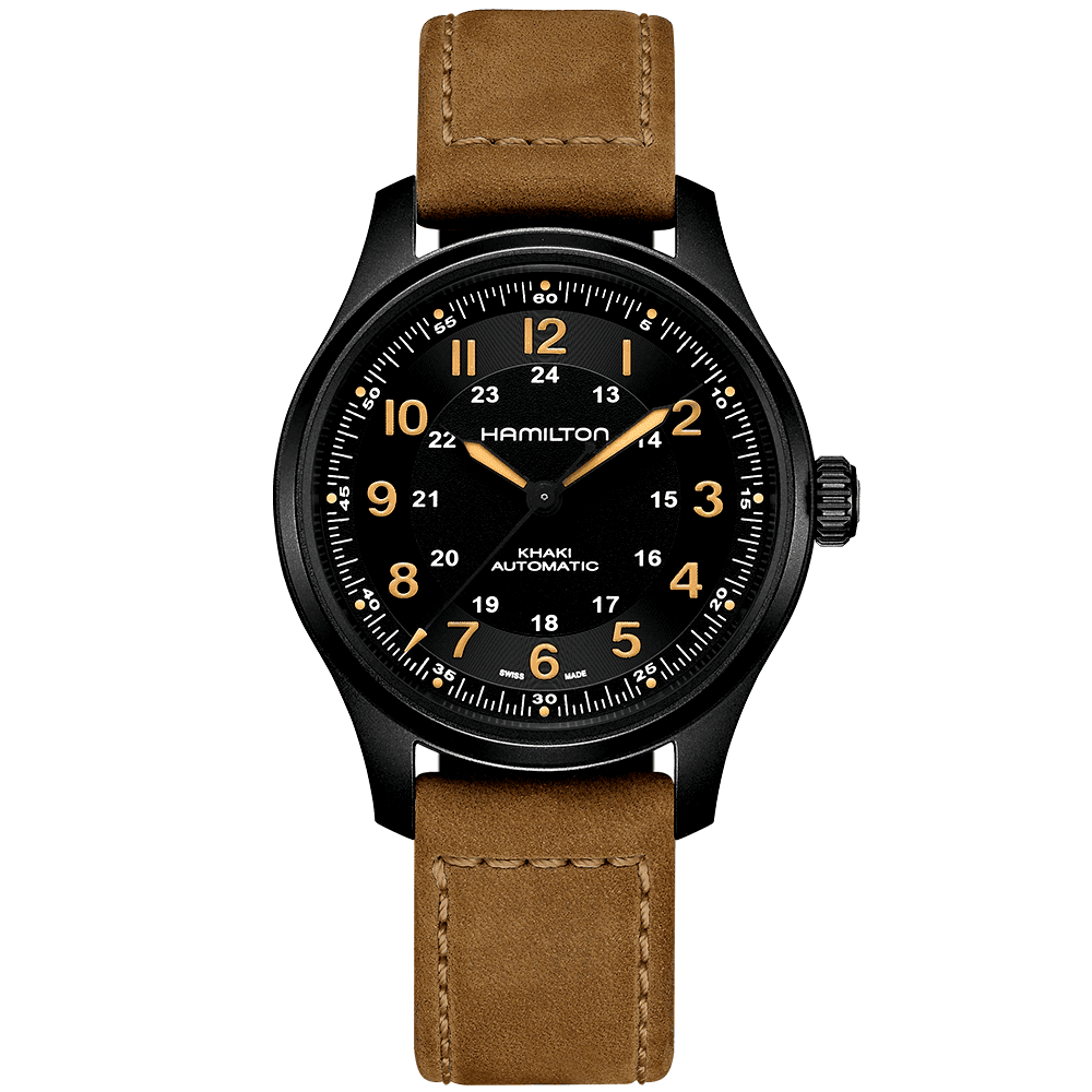 Khaki Field Black Titanium 42mm Men's Leather Strap Automatic Watch