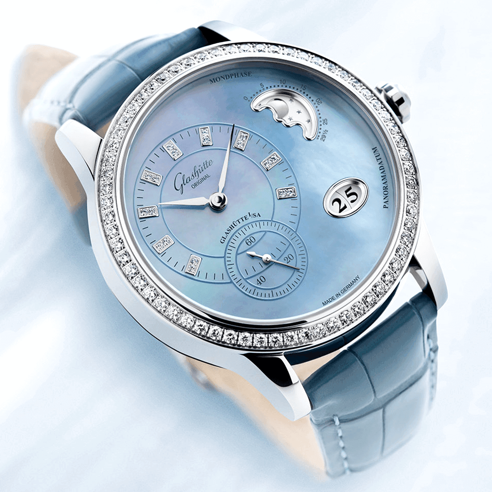 PanoMatic Luna 39mm Blue Mother of Pearl Dial Ladies Strap Watch