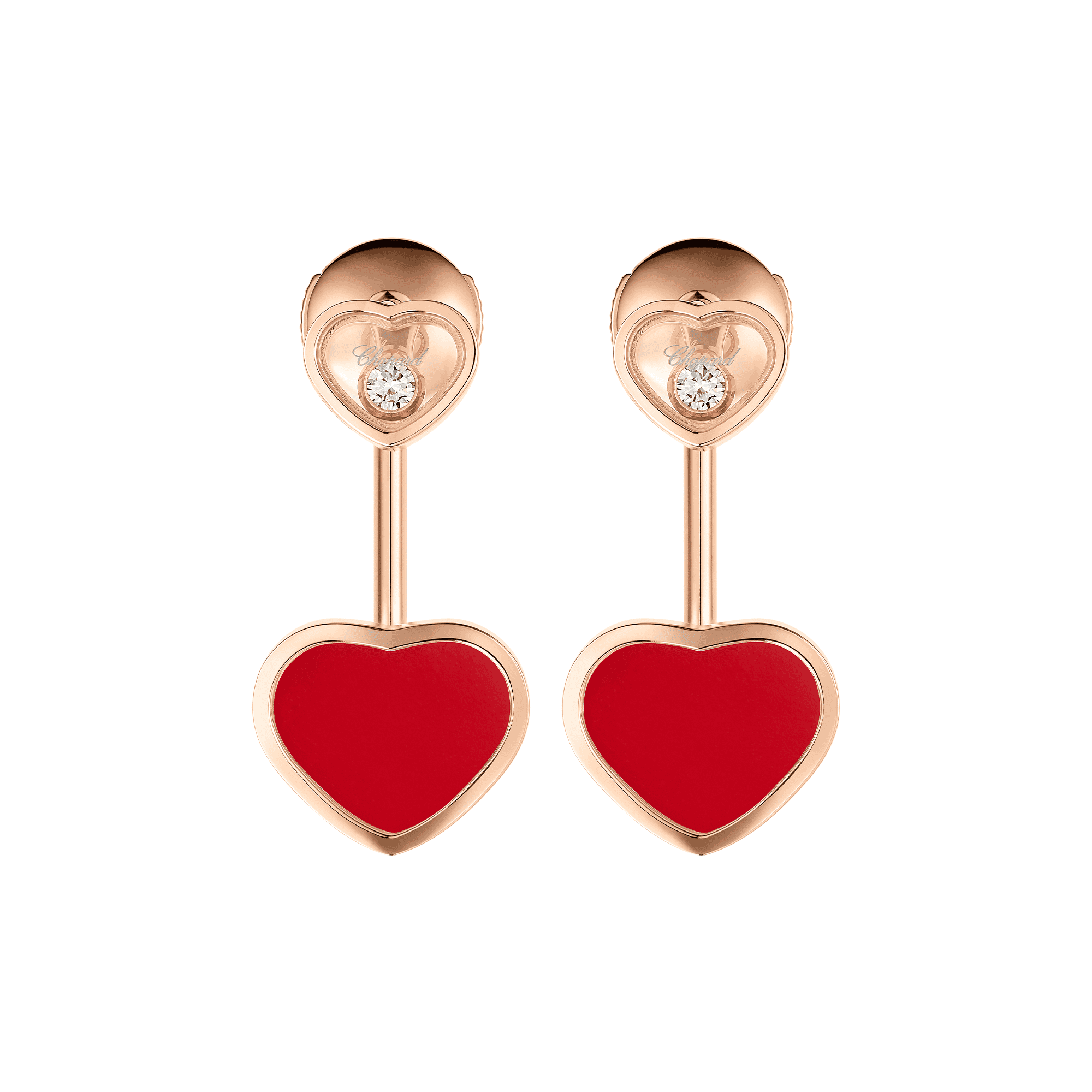18ct Rose Gold Happy Hearts Red Stone & Diamond Drop Earrings