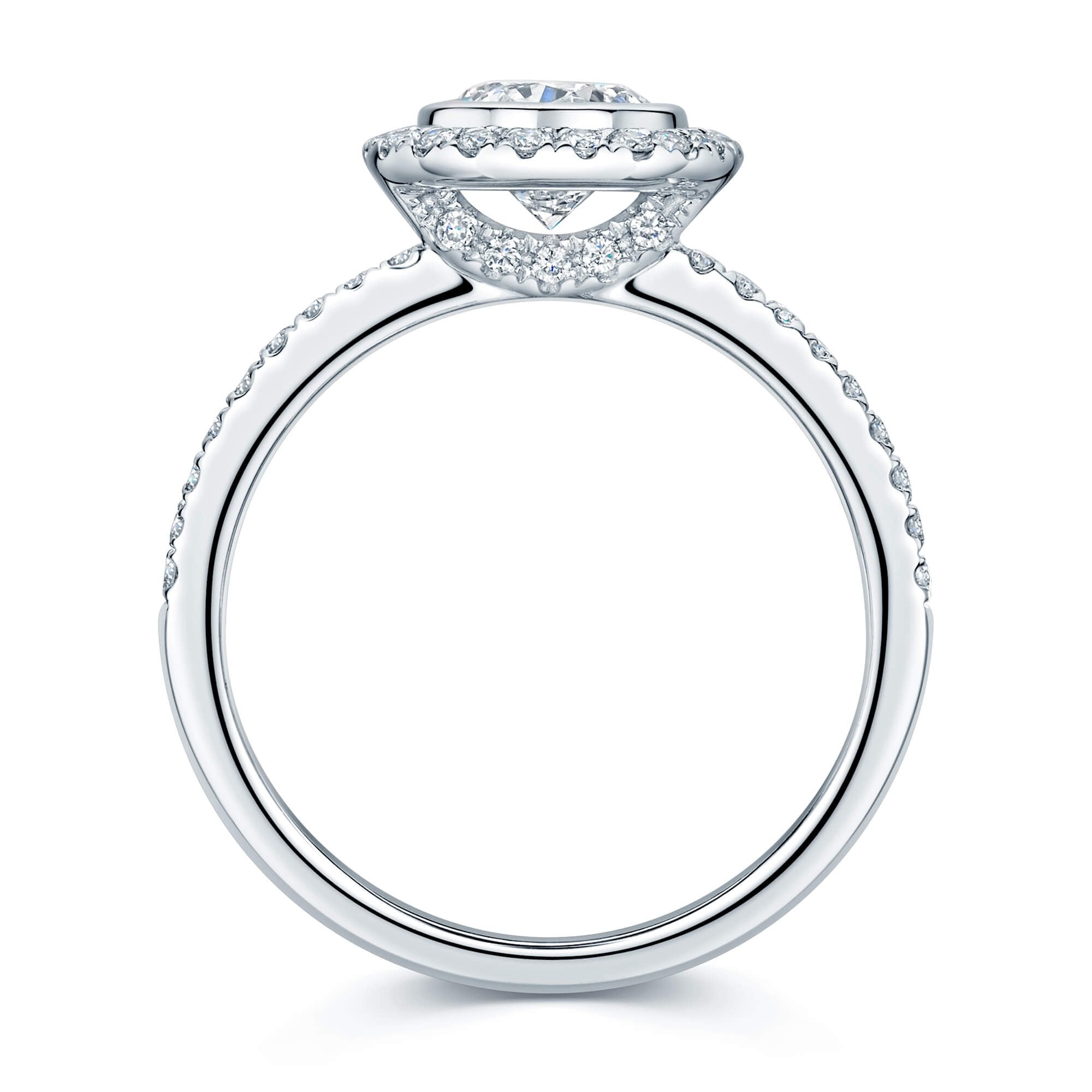 Platinum Round Brilliant Cut Diamond Ring With A Rub Over Setting And Claw Set Diamond Shoulders