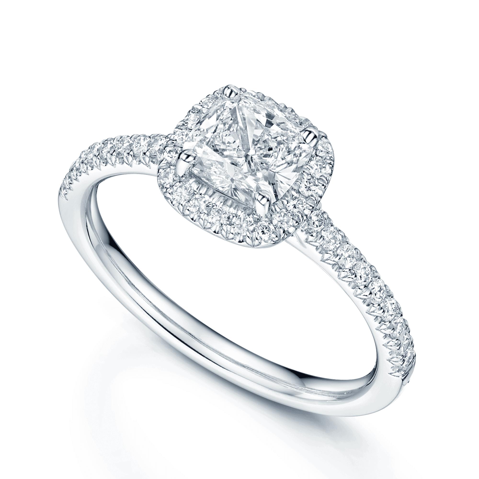 Platinum GIA Certificated Cushion Shaped Diamond Halo Cluster Ring With Diamond Set Shoulders