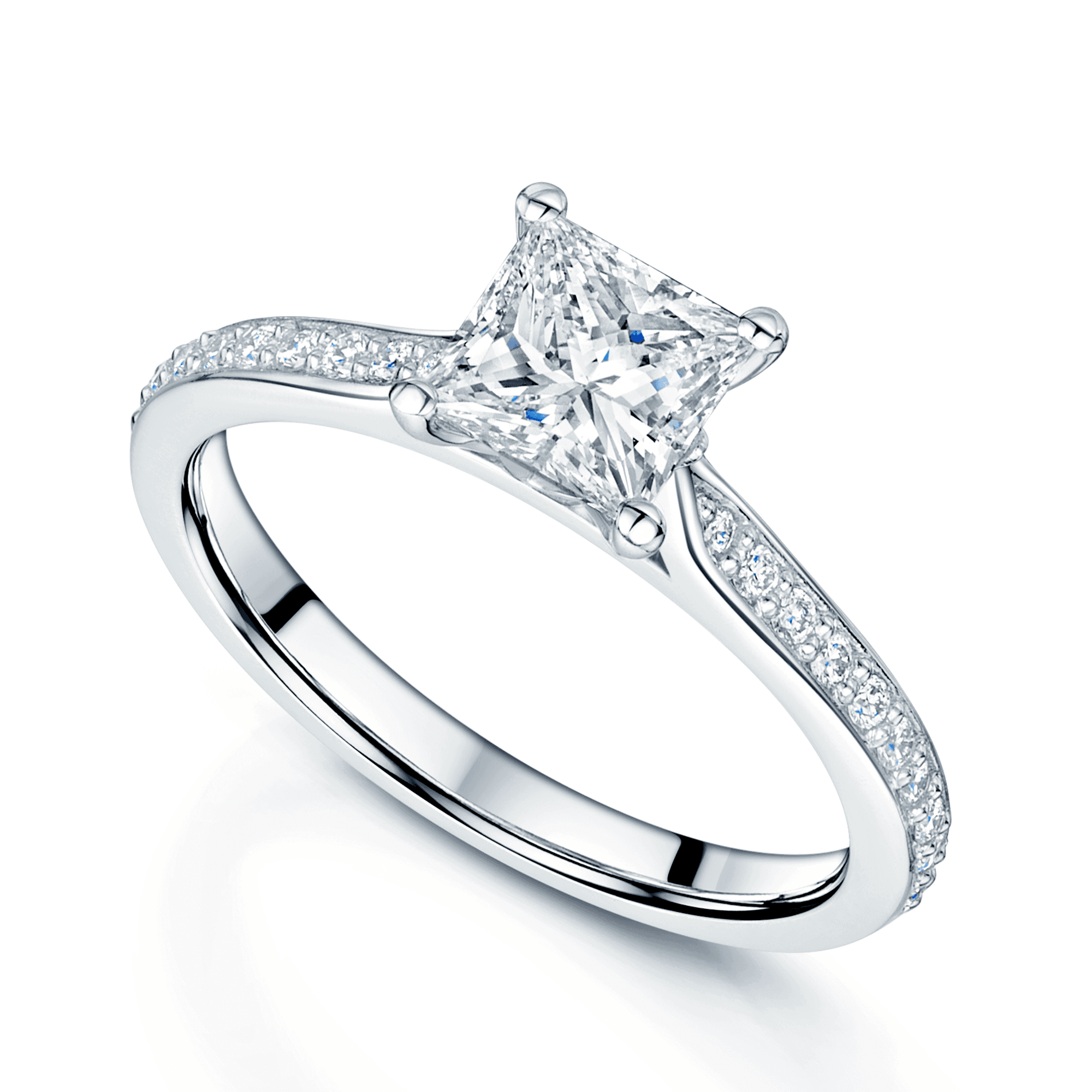 Platinum GIA Certificated Princess Cut Single Stone Diamond Ring With Diamond Set Shoulders