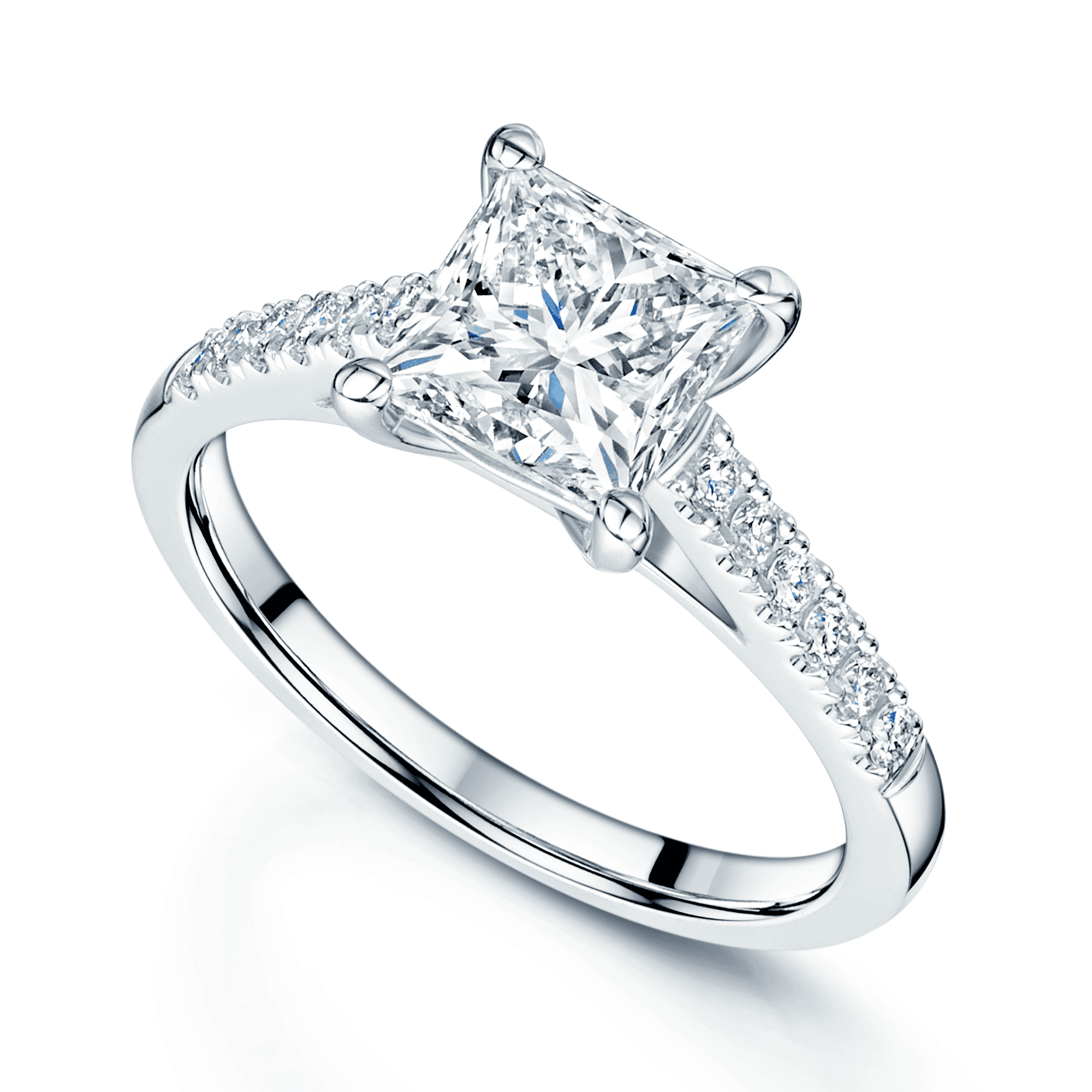 Platinum GIA Certificated Princess Cut Diamond Solitaire Ring With Diamond Set Shoulders