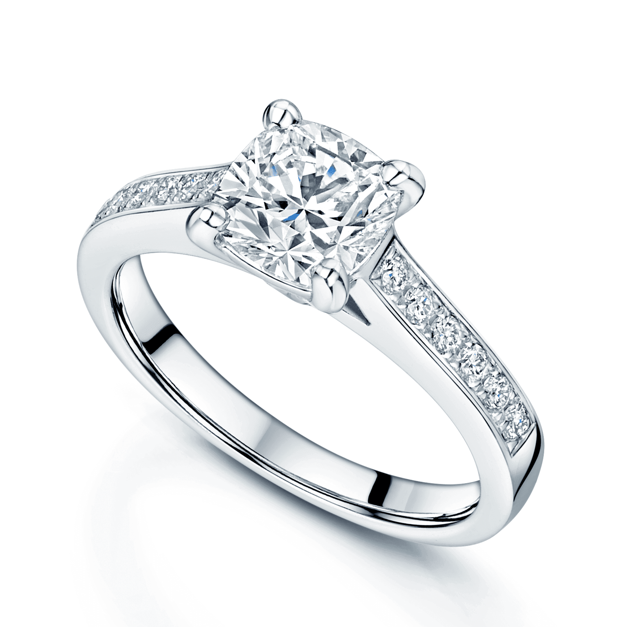 Platinum GIA Certificated Cushion Shape Diamond Solitaire Ring With Diamond Set Shoulders