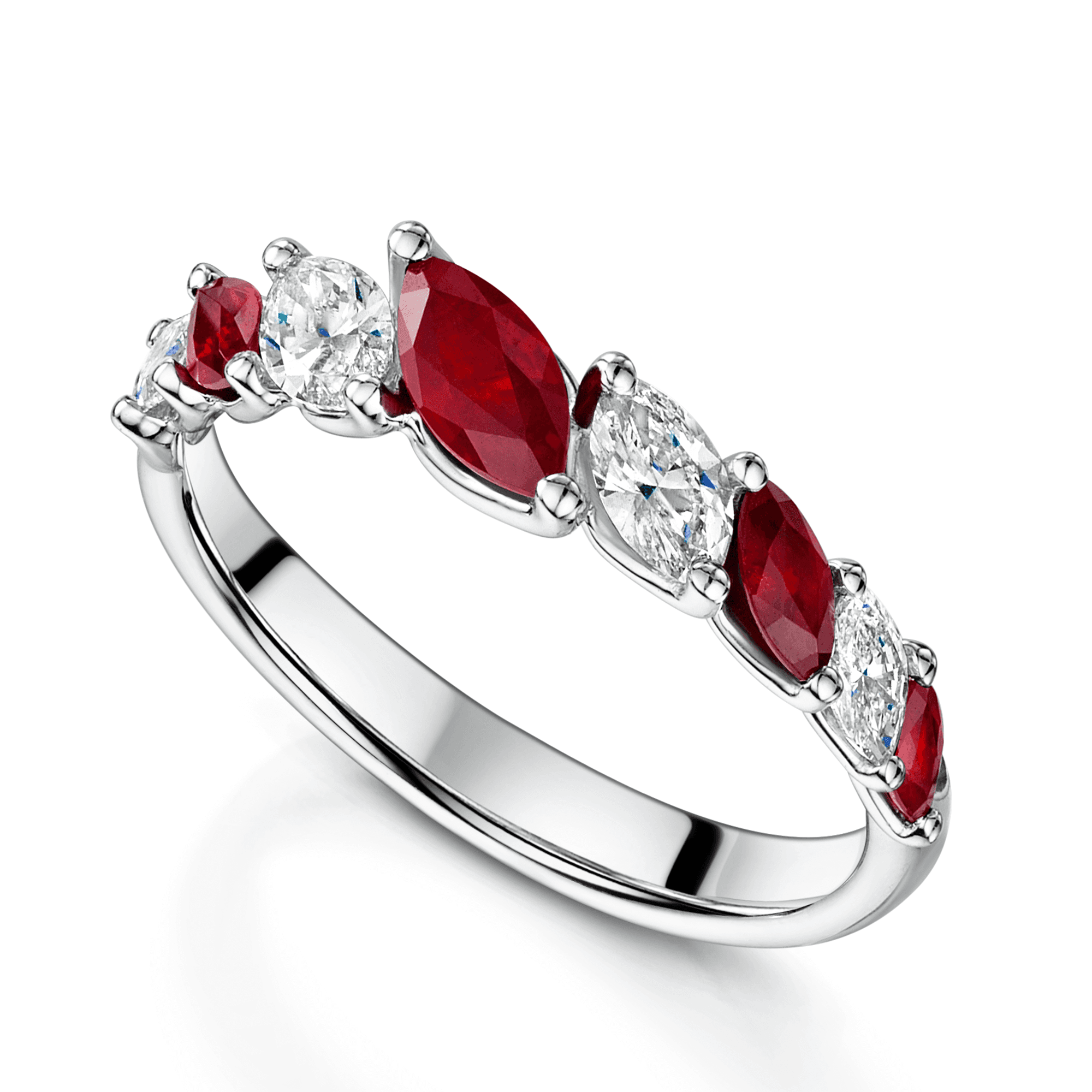 18ct White Gold Marquise Ruby And Diamond Graduated Dress Ring