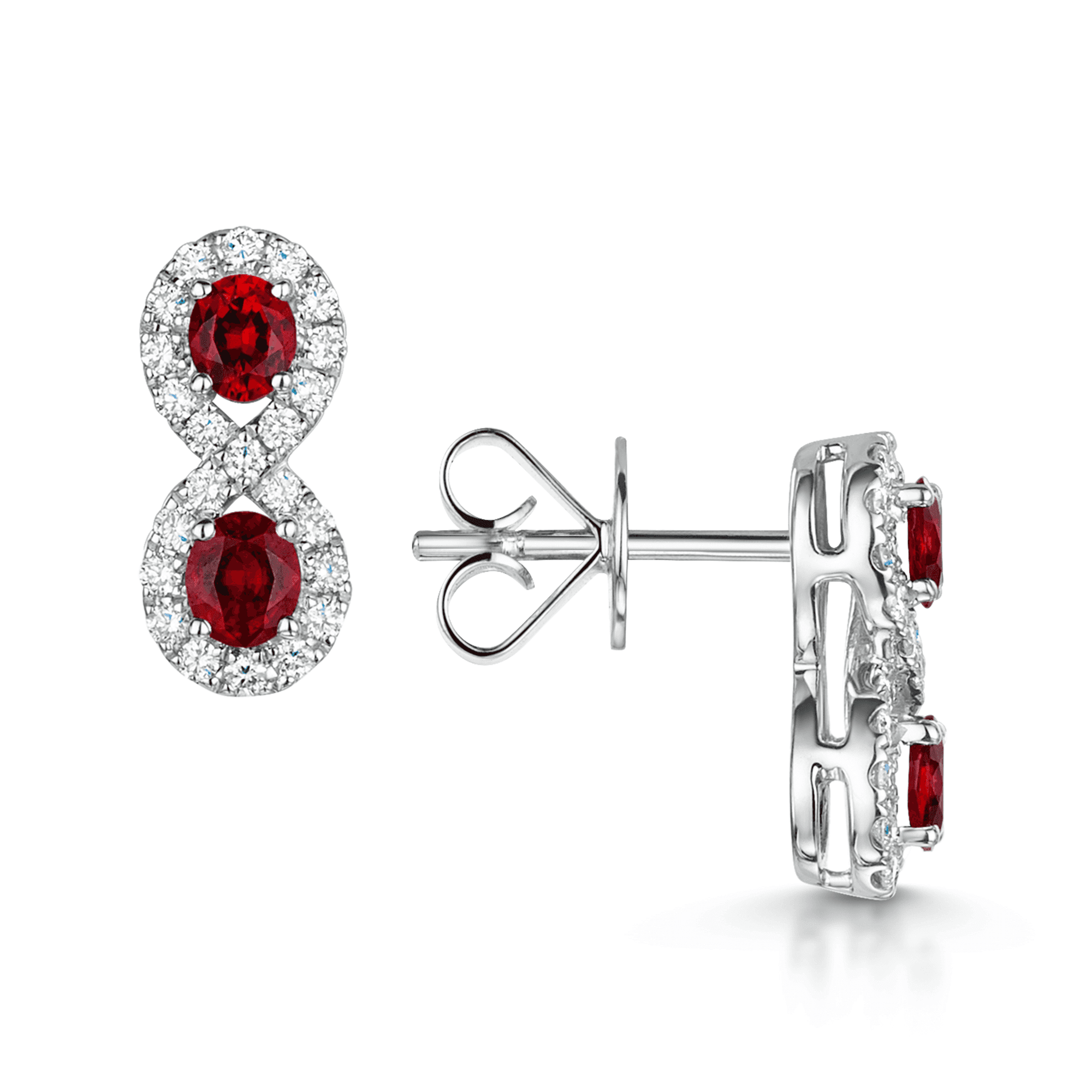 18ct White Gold Double Pear Ruby And Diamond Halo Cluster Figure Eight Earrings