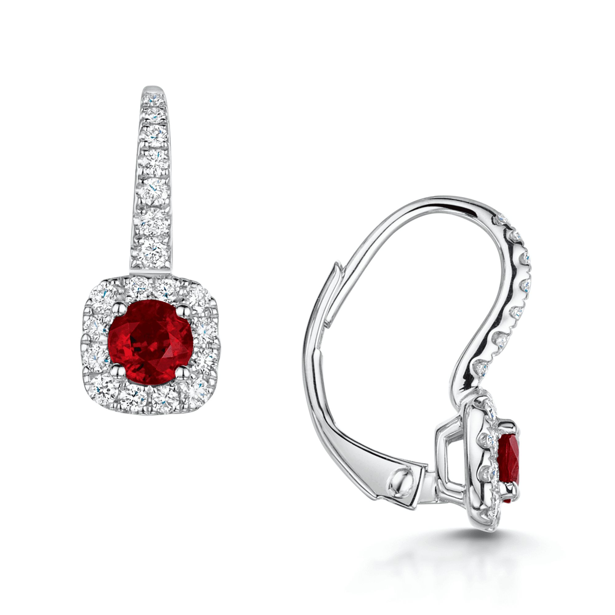 18ct White Gold Round Brilliant Cut Ruby And Diamond Halo Fancy Hoop Earrings