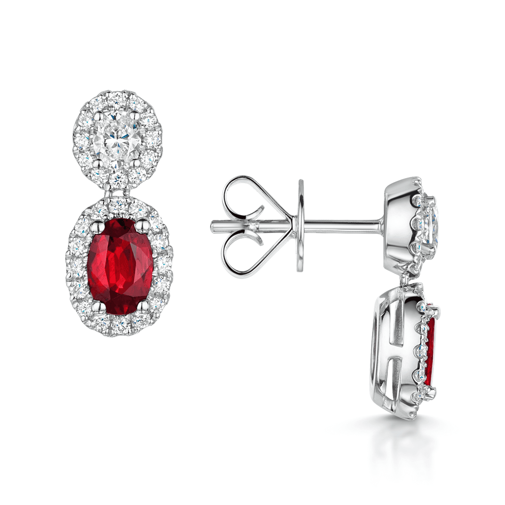 18ct White Gold Oval Ruby And diamond Double Halo Drop Earrings