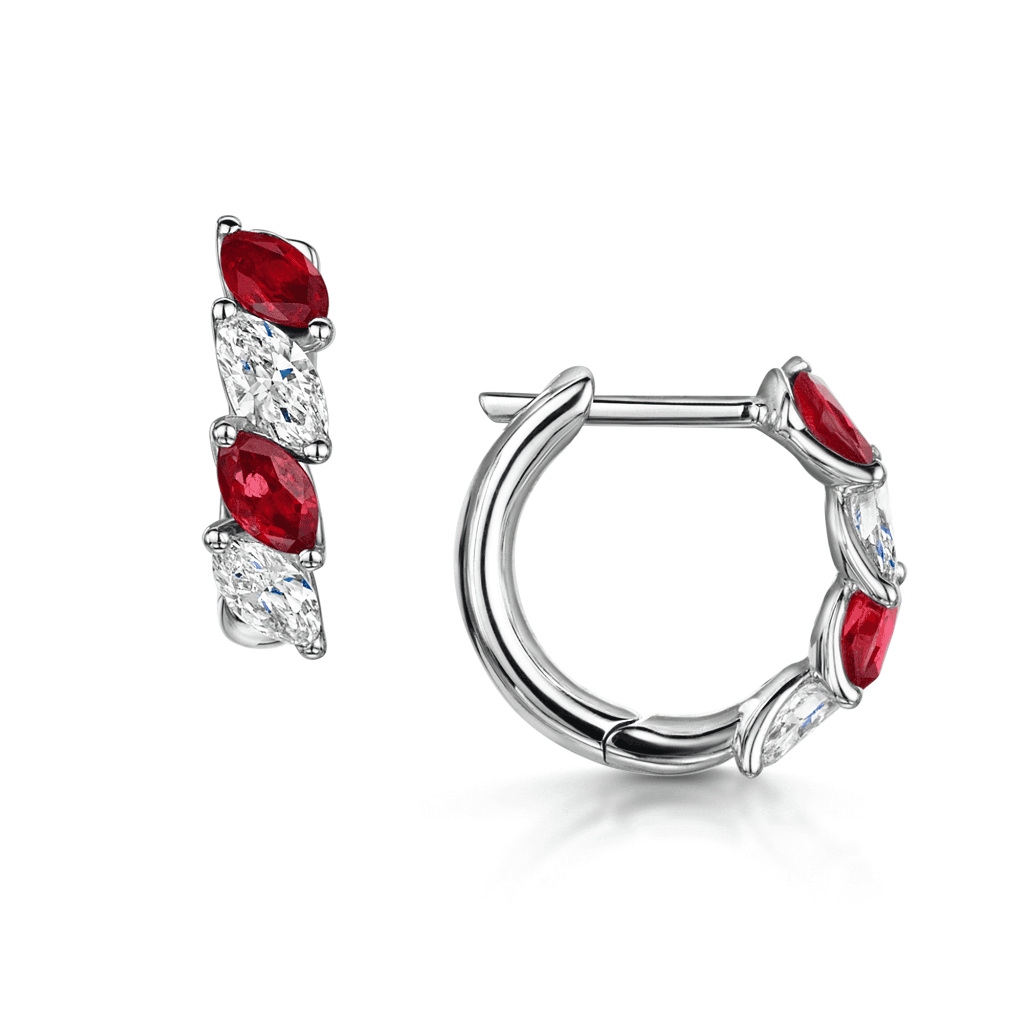 18ct White Gold Marquise Shape Ruby and Diamond Hoop Earrings