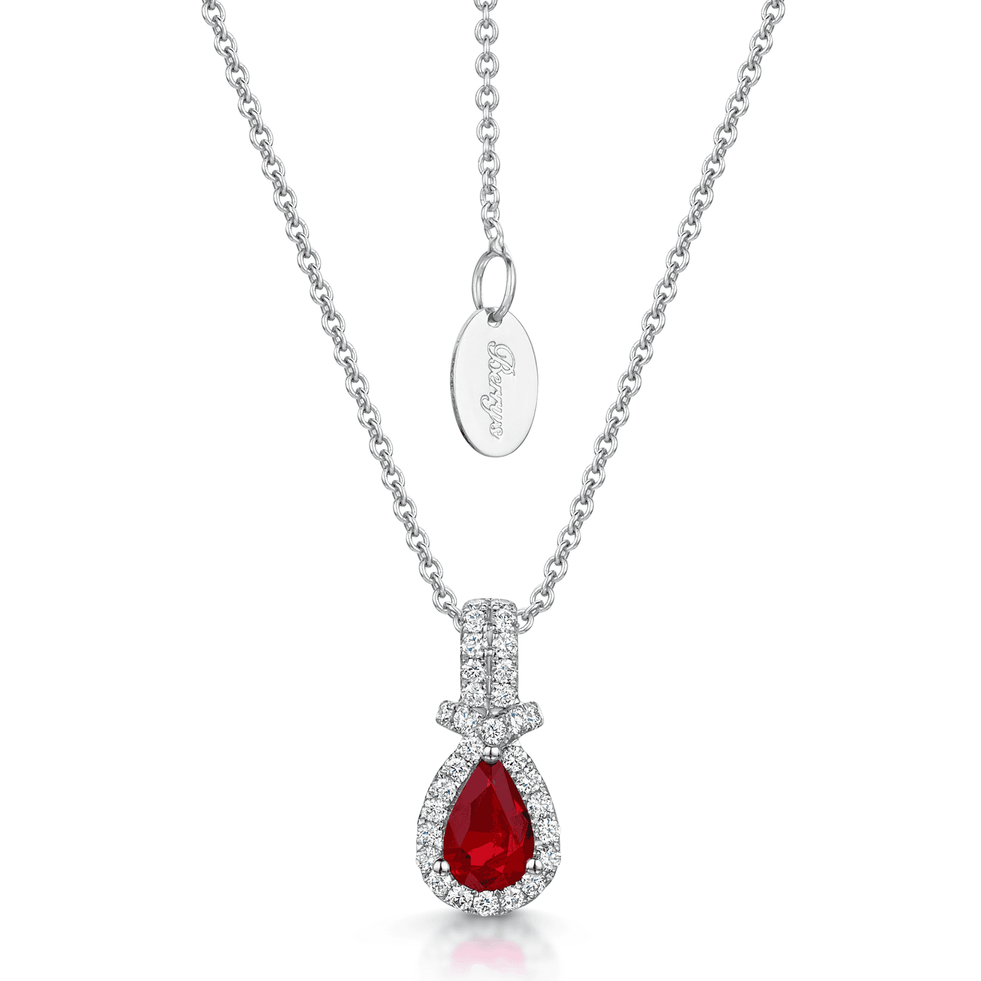 18ct White Gold Pear Cut Ruby And Double Diamond Halo Fancy Surround Pendant