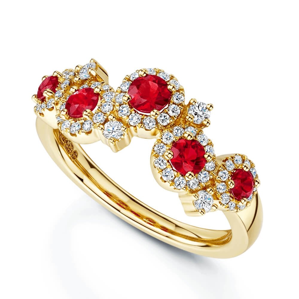 18ct Yellow Gold Ruby And Diamond Halo Fancy Dress Ring