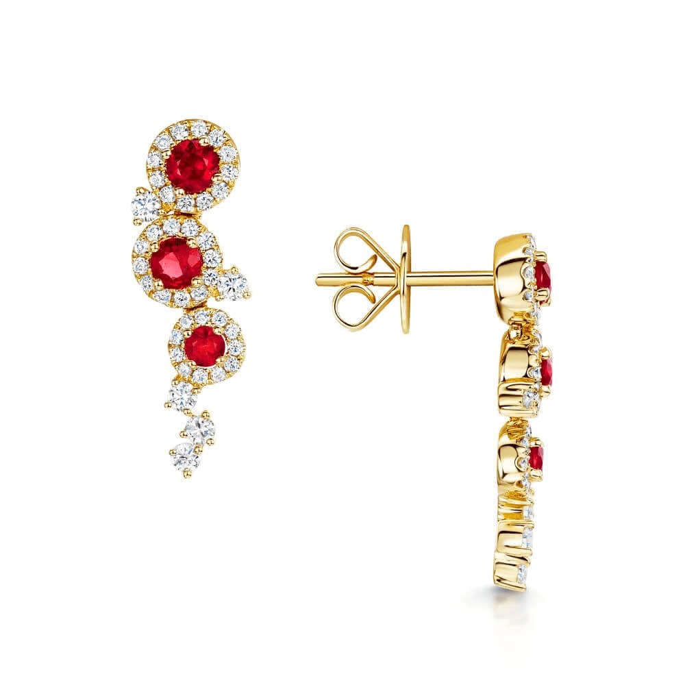 18ct Yellow Gold Ruby And Diamond Halo Fancy Drop Earrings
