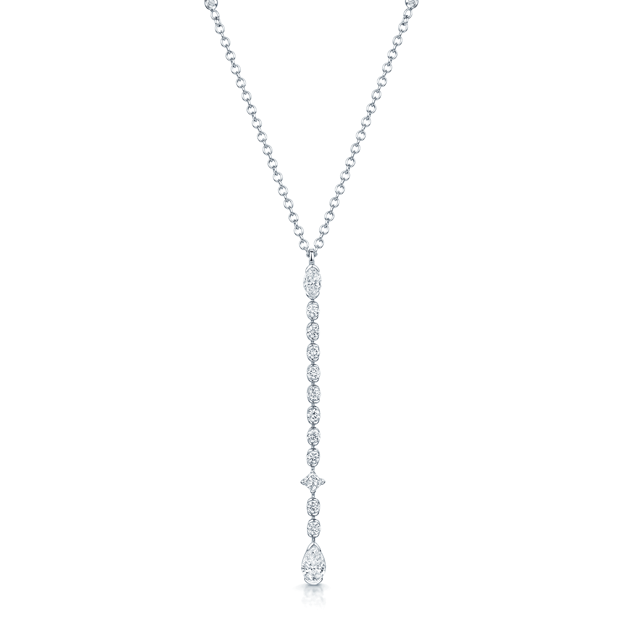 18ct White Gold Pear, Princess, Marquise And Round Brilliant Cut Diamond Long Drop Pendant